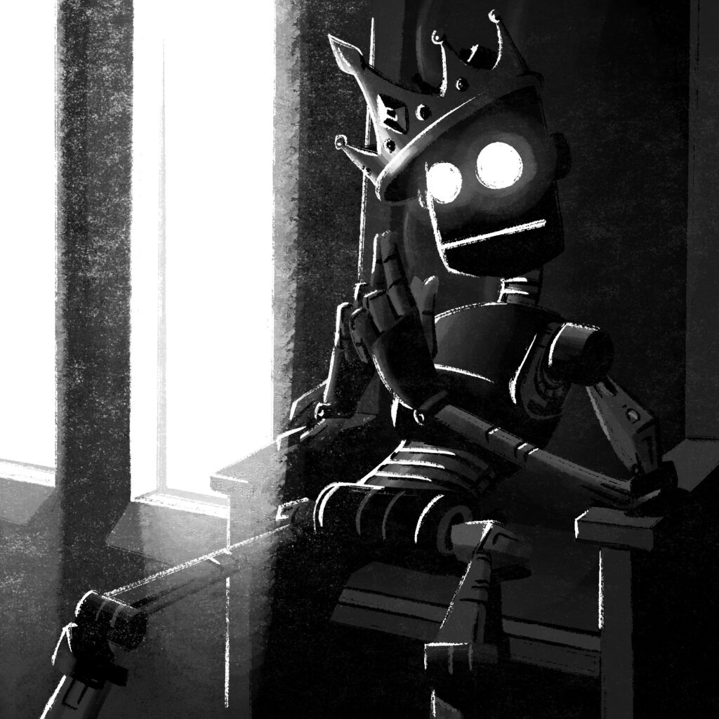 An illustration of an expressionless, humanoid robot slouching in a throne, wearing a crown cocked at an angle on its head. The robot is pressing its hands together with index fingers and thumbs outward, as if it is contemplating something. The robot is mostly sitting in darkness, with harsh highlights being cast on it by two large, vertical windows to the left of the throne. Its eyes are glowing. The drawing looks gritty, and it done in black and white.