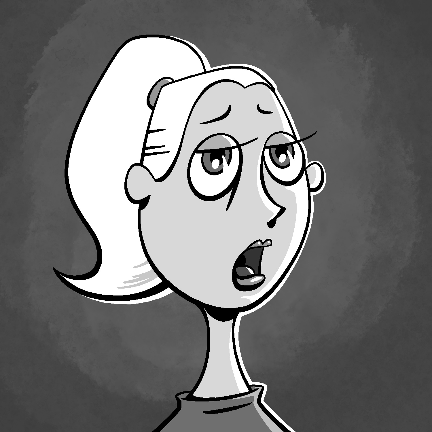 An illustration of a cartoon girl with a vacant expression on her face. The girl has a light complexion and light hair in a high ponytail. Her eyes are half open and she is staring ahead with glassy eyes. Her mouth is hanging open. She is pictured from the shoulders up. The background is dark gray with a textured glow that is centered behind the girl. The drawing is in black and white.