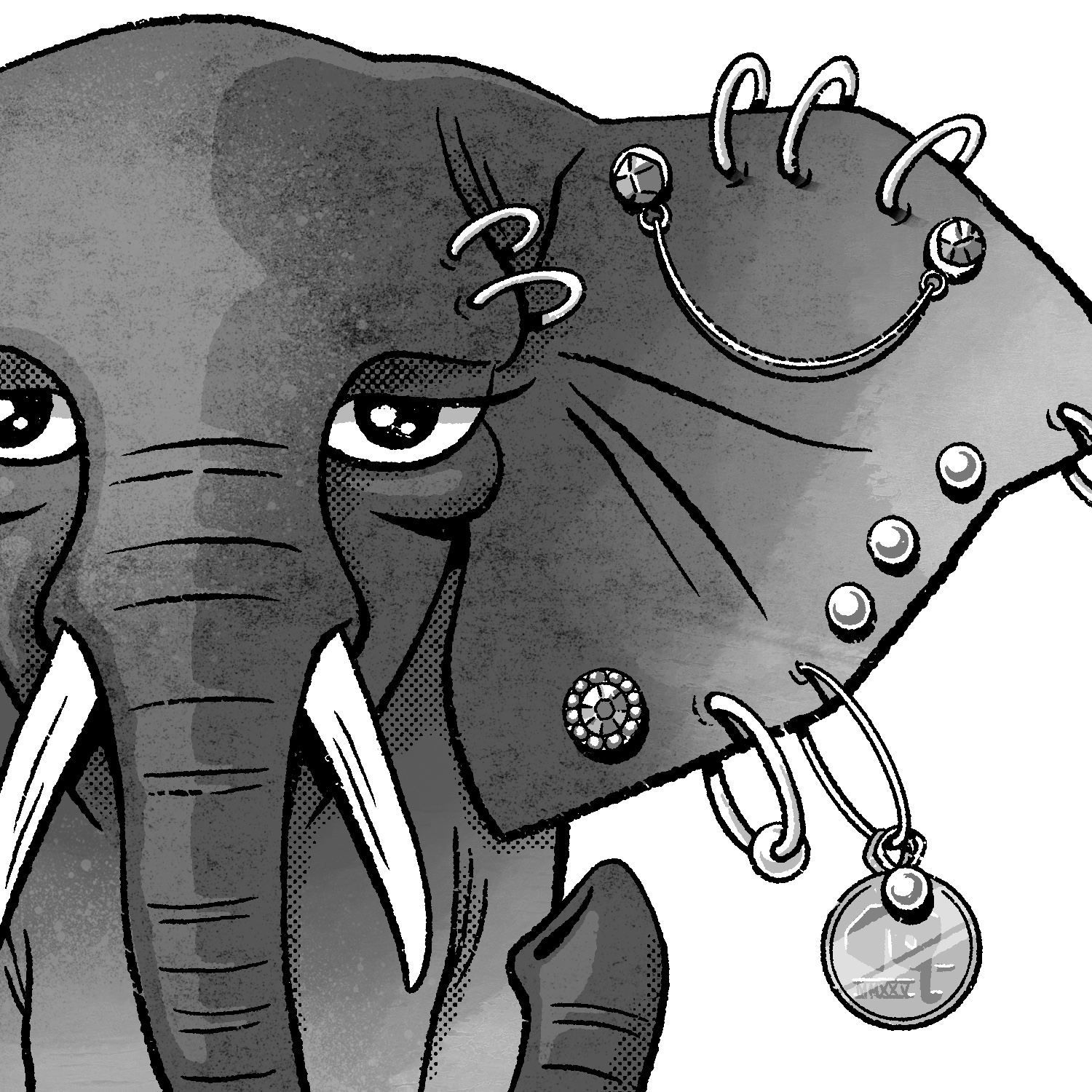 An illustration of an elephant with a very pierced ear and eyebrow. The elephant is facing the viewer straight on, and is off center to the left, with its trunk hooking out of the view and coming back up on the right. The elephant is looking directly at the viewer with slightly closed eyes. It is dark gray and has large white tusks. The elephant's ear that is in view is covered in piercings, with plain metallic studs, small hoops, hanging chains, small jewels, and a coin on a hoop. The background is white and the drawing is in black and white.