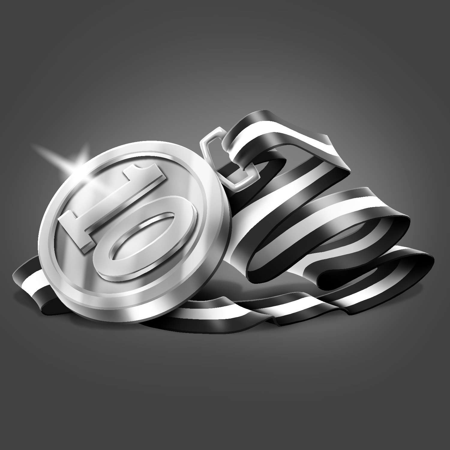 An illustration of a large metallic medal with the number "10" on it, sitting on an attached bunched up striped ribbon. The medal is shiny and tilted at an angle, and the ribbon is attached at the top with a large angular hoop. The background is gray, with a slight glow behind the medal and ribbon. The drawing is in black and white.