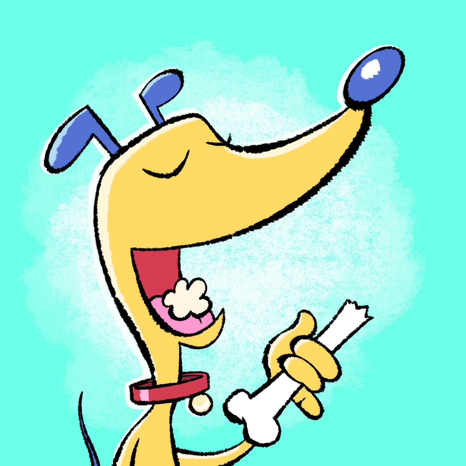 A cartoon illustration of a dog eating a bone. The dog is stylized with a pointy head, long neck, and slouching body. His eyes are closed as he enjoys the bone, and his mouth is in a large open smile, with a wad of chewed up bone on his tongue. He is wearing a collar the is way too wide for his neck but still stays in place. He is holding a large bone out that has one end chewed off. He has small, perky ears on the top of his head and a thin wiry tail sticking up from below frame. The dog is gold, his ears, tail, and nose are indigo, the collar is red, and the bone is white. The background is a bright cyan with a speckled white glow behind the dog.