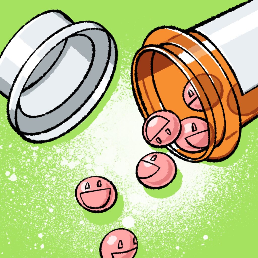 An illustration of an orange medication bottle open, with the white cap flying off in the opposite direction. A number of round, shiny, pink pills are tumbling out into the air from the bottle. The pills have manic, open-mouthed happy faces on them. The background is a lime green color with a white burst of spray paint between the bottle and cap.