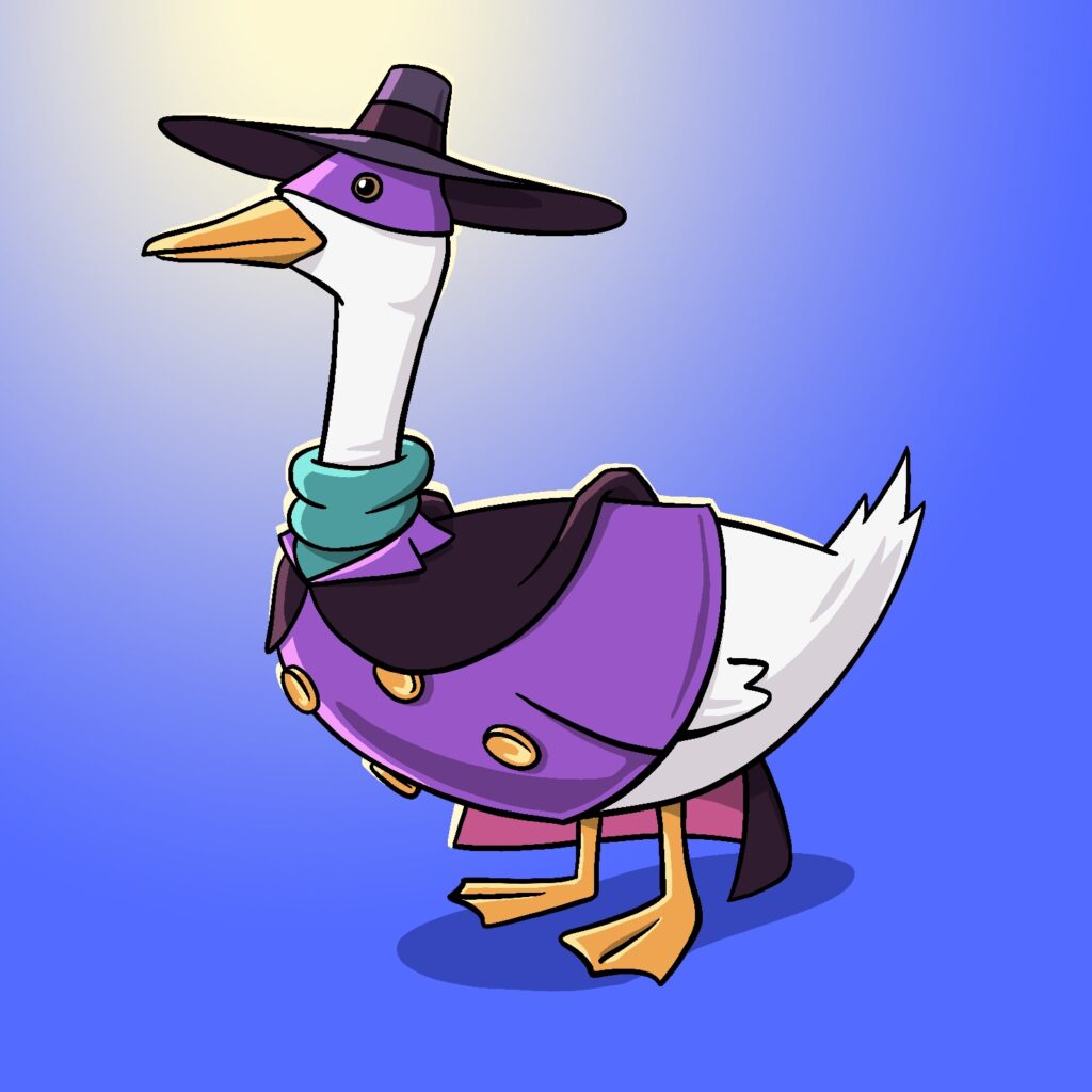 An illustration of a normal duck dressed as the Disney character, Darkwing Duck. The duck is white with a yellow bill. It is wearing a dark, wide-brimmed hat, a purple mask, a dark cape with pink underside, a purple jacket with large gold buttons on the front, and a green turtleneck underneath. The duck is just standing there looking like a duck. The background is a bold blue color with a moon-like, pale yellow glow coming in from the upper left.