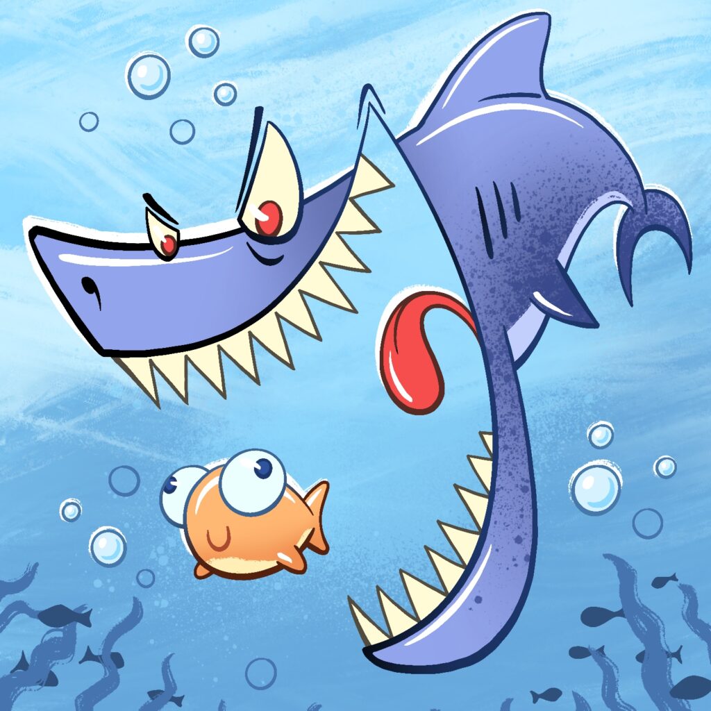 A cartoon illustration of a large shark getting ready to eat an unsuspecting fish. The shark takes up the majority of the canvas, with a large, menacing mouth wide open and exposing jagged teeth and tongue. The shark is frowning and looking down between his jaws with red eyes. There is a small, round orange fish almost in the shark's mouth. The small fish is bug-eyed and has a silly U-shaped smile on its face. It has blue eyes. The background is a simple underwater scene, with light blue swishes of paint doing across, wavy plats rising up in the corners, and dark shapes of other fish swimming around. Bubbles rise around all parts of the scene.
