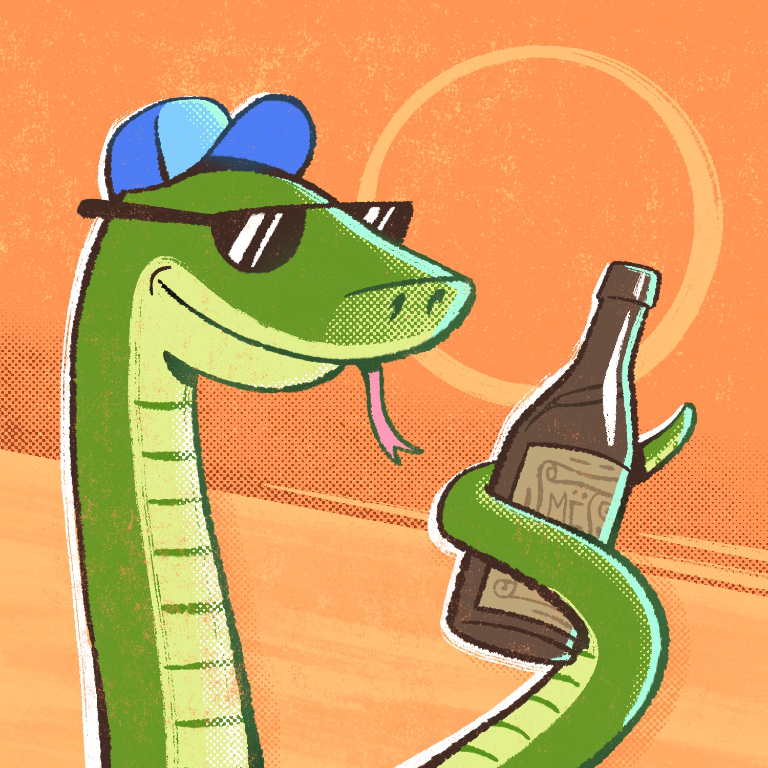A cartoon illustration of a snake wearing a hat and sunglasses and holding a bottle of beer with his tail. The snake is smiling and his forked tongue is hanging out of his mouth. He is green with a lighter belly. His hat is blue and his sunglasses are shiny and black. The beer bottle is brown and being held at an angle. It has an obscured tan label on it and the beer can be seen sloshing around inside. The background is orange with a cut to yellow orange going across diagonally from top left to bottom right. There is a circle drawn in the upper region, behind the beer bottle and snake's head, to imply a sun.
