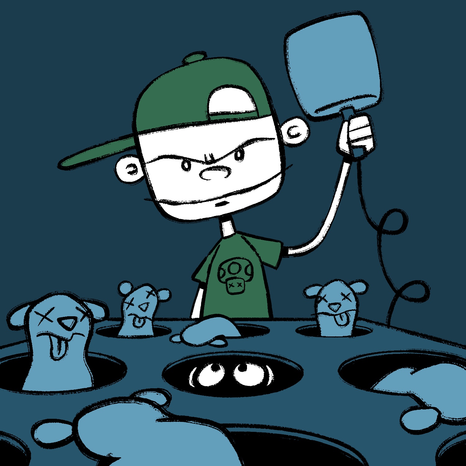 A cartoon illustration of a boy playing a game of Whack-A-Mouse. The boy is standing in front of a board full of holes. He has his head tilted to the side and is smiling slightly and frowning, looking slightly evil. He has a light complexion and is wearing a green hat turned to the side and a green t-shirt with a mushroom on the front. He is holding a large soft mallet in his left hand, ready to strike. The board is drawn in perspective, with the viewer resting close to the end of it. It has 9 holes in it, and all of them that are visible have mice sticking out of them with X's for eyes and tongues sticking out or just slumped over onto the board - except one. The middle hole is empty, save for a pair of scared white eyes looking up from the darkness at the boy. The board and background are a dark blue, and the whacked mice are a slightly lighter blue.