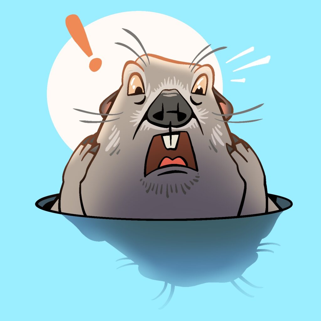 A cartoon illustration of Punxsutawney Phil, the groundhog who famously (tries to) predict the weather each year on Groundhog Day. He is sticking out of a hole, looking frightened down at the ground, where his shadow is cast by a bright circle of light behind him. He is a gray-brown color with dark brown nose, light orange eyes, and flaring whiskers coming off his eyebrows and cheeks. His mouth is agape, revealing large upper buck teeth. His arms are gripping the sides of his face in fear. His shadow is short and lumpy over a light blue background. The light circle is a pale orange. There are white lines emanating from Phil's head and a large orange exclamation point on the upper left, intersecting the light.