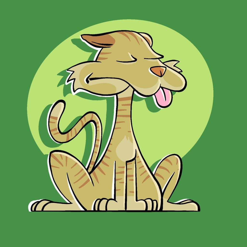 A cartoon illustration of a stylized cat sitting on its bottom, with front paws planted straight down and back legs jutting out at angles. The cat has a flippant look on its face, with eyes closed, ears back, and tongue sticking out. Its tail is poking up from behind, curved as if in motion. The cat's head is wide, and its body goes thin in the middle and then wide again at the bottom, giving the figure an hourglass shape. The cat is a yellow tan color with orange stripes and light-colored chest and paws. The background is a bold green with a lime green ellipse directly behind the cat.