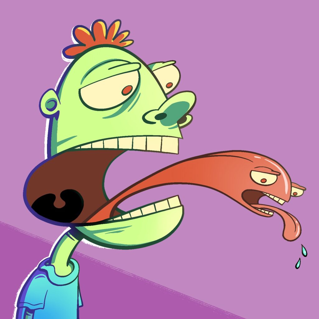 A cartoon illustration of a man with his tongue sticking out, looking down at it. The man's tongue has a small face on it and also has an open mouth with tongue sticking out. The man has light green skin, yellow eyes with red pupils, yellow teeth, a poof of red hair, and a cyan shirt. The tongue gets a bit pinker as it comes out of the man's mouth and has the colored eyes and teeth as the man. Two droplets of spit are flying out of the tongue's mouth. The background is purple with a streak of darker purple going across from the left to the bottom of the image, behind the man.