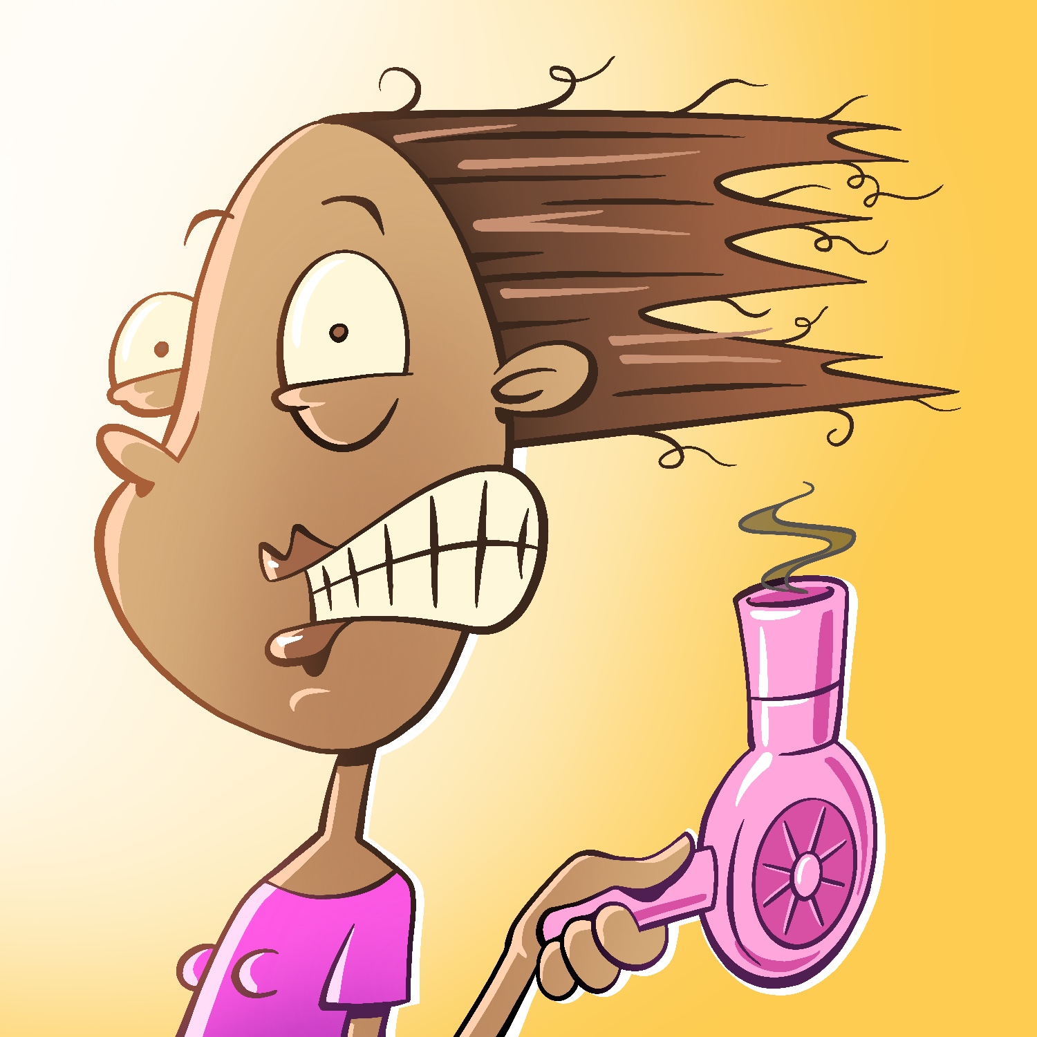 A cartoon illustration of a woman reeling from a powerful blast from her blow-dryer. She is standing with back tilted backward a bit, with a stunned look on her face, and her hand holding the blow-dryer upright next to her. The woman's hair is blown straight back and is staying horizontal. There is a small wisp of smoke coming from the blow-dryer. The woman has a medium complexion and brown eyes and hair. She is wearing a pink t-shirt. The blow-dryer is shiny and pink. The background is a yellow gold color that fades to white towards the upper left corner of the image.