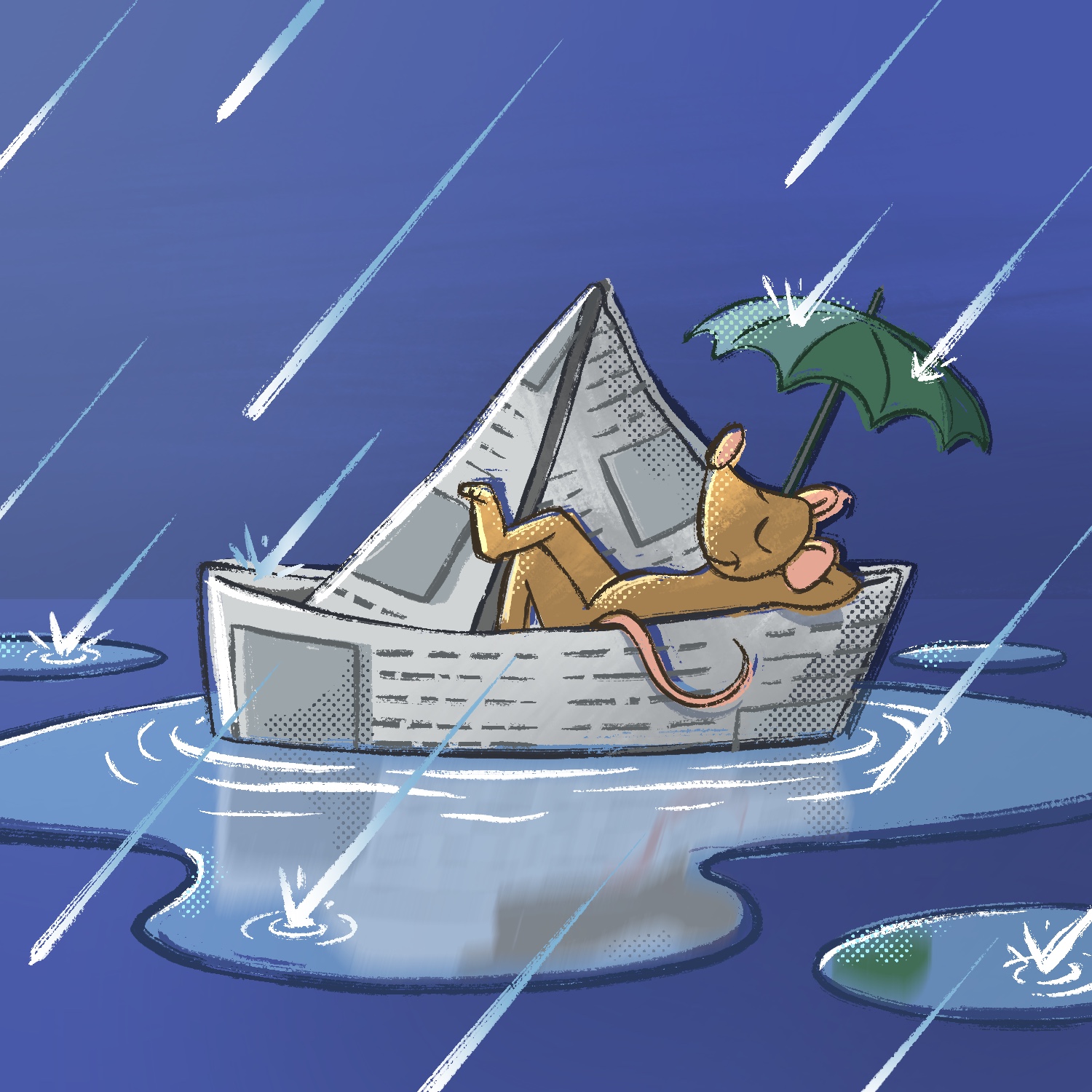 An illustration of a cartoon mouse lounging in the brim of a newspaper folder into a hat, floating in a puddle in the middle of a rainstorm. A tiny umbrella is pitched over the mouse, keeping him dry. The newspaper is gray with blocks of photos and text covering it. The mouse is brown with a pink nose, ears, and tail curled around the outer edge of the brim. The puddle of water and surrounding pools are a lighter blue, reflecting the hat, mouse, and umbrella. The background is indigo with a lighter color in the upper left and darker color in the lower right. White and blue drops of rain pass over the entire image, splashing on the top of the umbrella, hat, and into the puddles.
