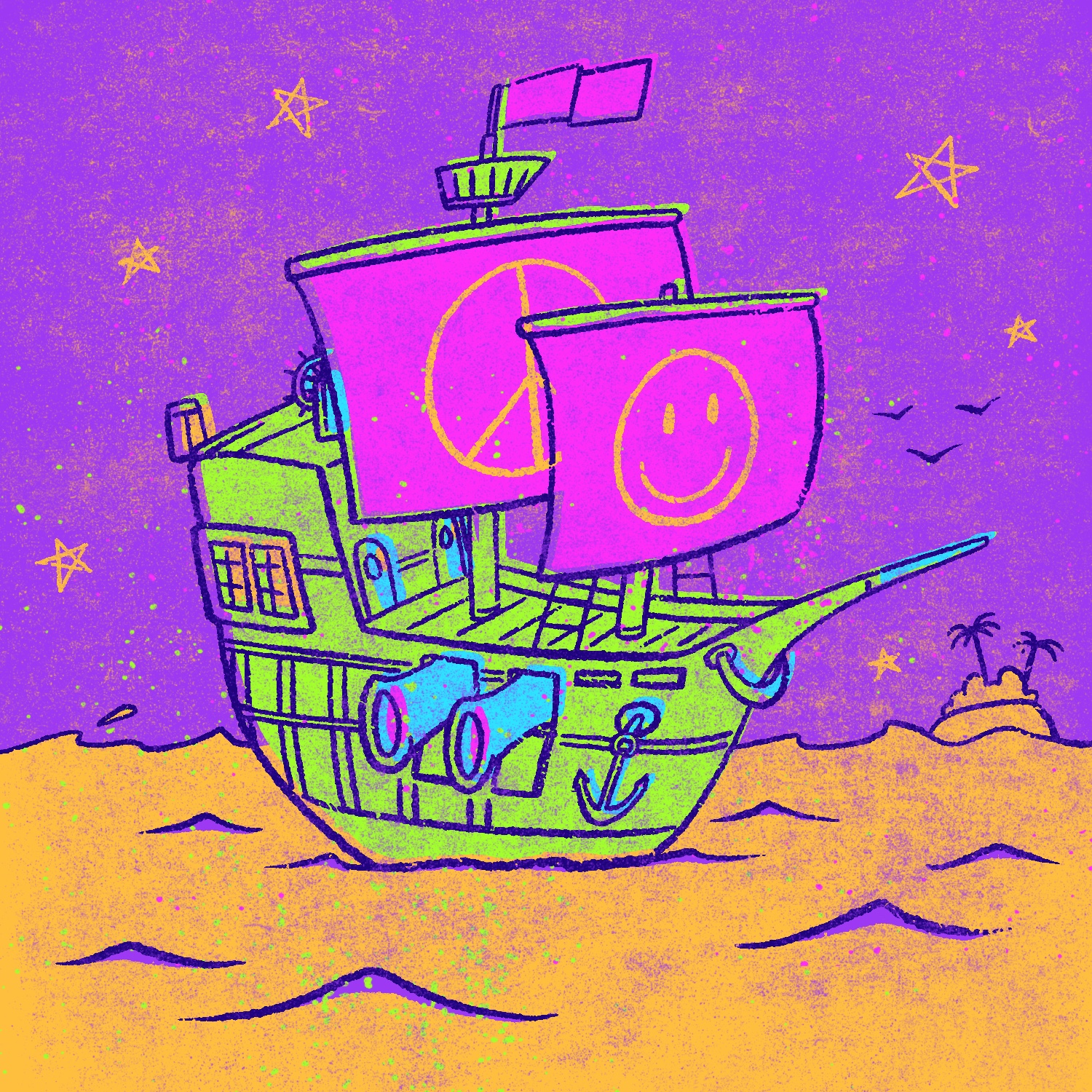 An illustration of a pirate ship, done in garish colors, and with a happy face and peace sign on the sails. The ship has very unrealistic, cartoon proportions. It has two very large cannons sticking out windows on the side facing the viewer. There are two large sails on two masts, and a crow's nest and flag on the higher back mast. The windows on the back cabin are lit up. The ship is a bright green, the cannons and other small details are light blue, the lights are yellow, and the sails and flag are bright pink. The sail decorations are in yellow. The colors for the ship are offset from the linework, as if it were printed with a registration issue. The water the ship is sitting in is yellow and the sky is purple with yellow, stars that have a hand-drawn look. The entire image is covered in distressed noise, with splatters of pink and green ink over the ship.