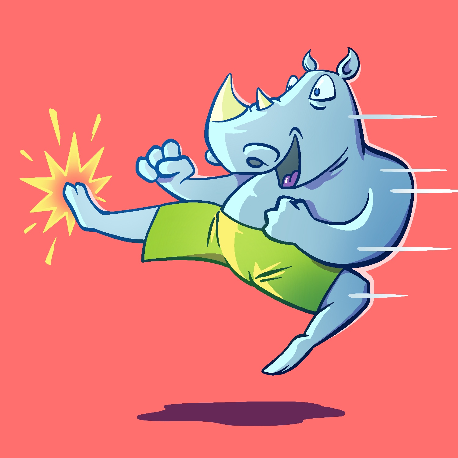 An illustration of a cartoon rhinoceros flying through the air, doing a karate kick. The rhino looks excited and has wide eyes and a happy open-mouthed grin on his face. He is a light blue color with yellow horns, blue eyes, and he is wearing nothing but green shorts. He kicking foot extends into a yellow impact burst. The background is a plain light red.