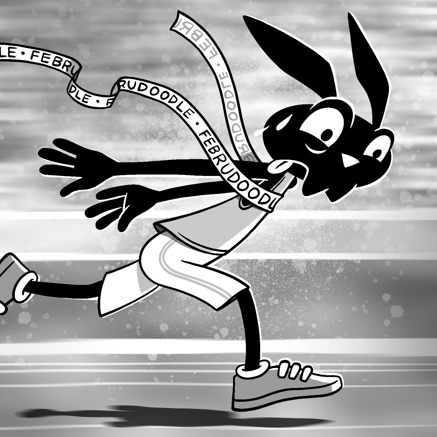 An illustration of a cartoon rabbit just after he crossed the finish line of a race, with the finish line ribbon still running across his chest. The rabbit is leaning forward and has sweat on his head. He has his tongue sticking out, as if exerting great effort. His arms are extended behind him, and his legs are mid-stride. He is wearing a light gray tank top, white shorts with a double gray stripe going down the outside of the leg, and gray sneakers. The rabbit is stylized and is all black except for his eyes, nose, and mouth. The finish line ribbon is white and says "Februdoodle" across it over and over. The background is a motion-blurred track and crowd, with splotches of white spray paint over it behind the rabbit. The drawing is in black and white.