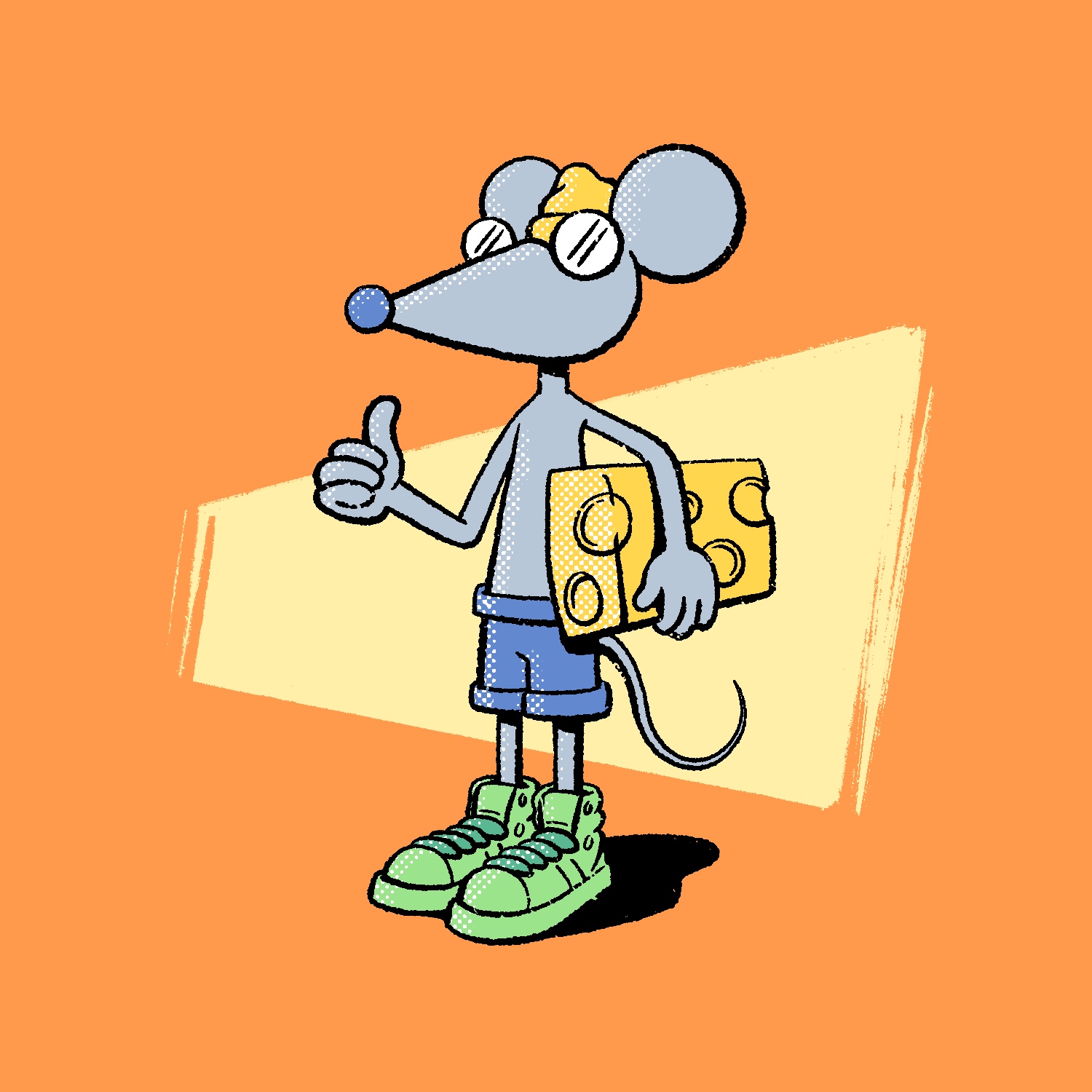 A cartoon illustration of a skinny gray-blue mouse standing up and holding a chunk of cheese. The mouse is giving a thumbs up with his other hand. He is wearing a yellow beanie, opaque round glasses, a pair of blue shorts, and green sneakers. The glasses make his expression unreadable. The chunk of cheese is yellow and about as big as the mouse's head. He is standing in front of an orange background with a pale-yellow wedge shape directly behind him.