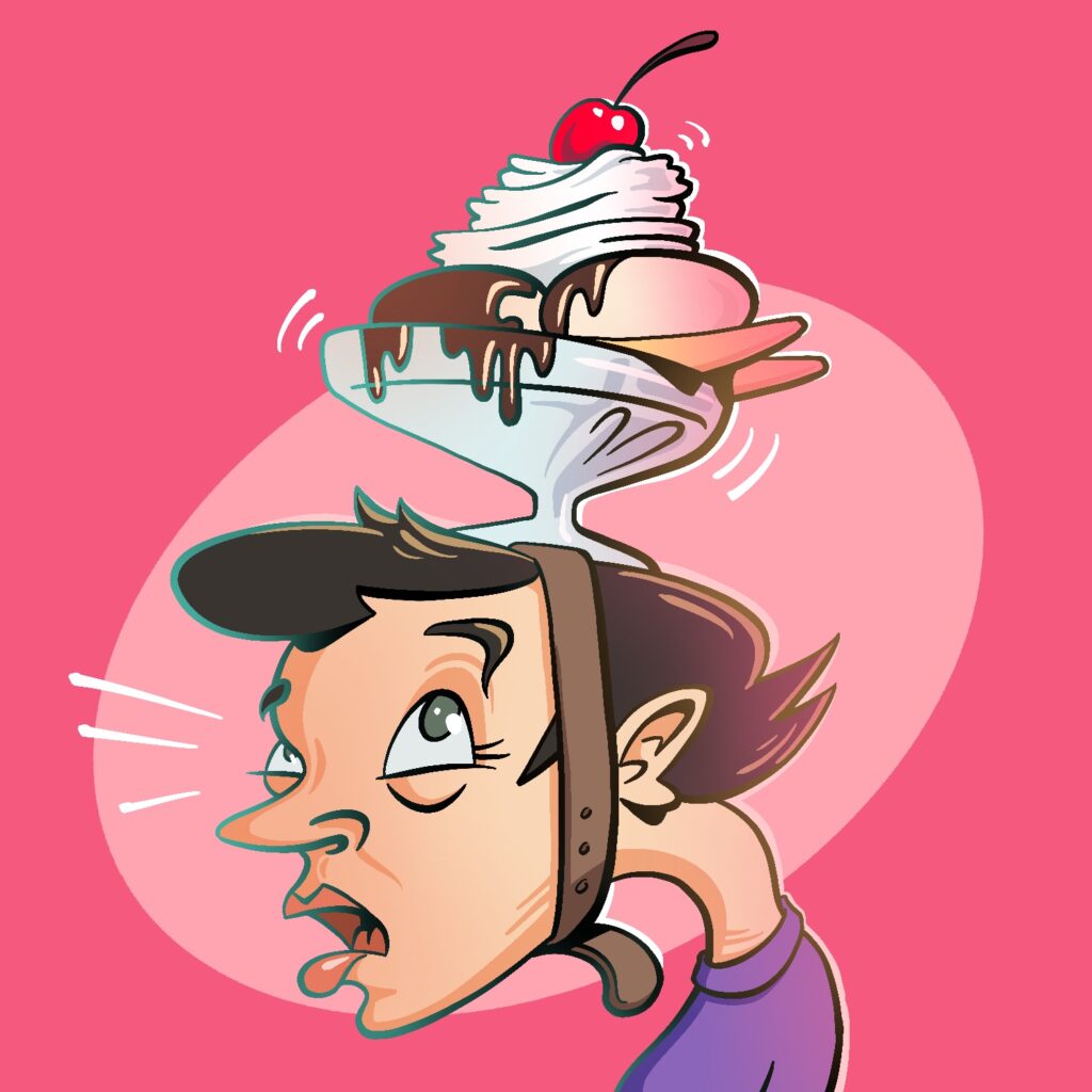 A cartoon illustration of a woman wearing a hat that is just a leather strap tying an ice cream sundae to her head. The woman is looking up at the sundae, mouth agape, with a surprised expression. She has a light complexion, green eyes, short brown hair, and a purple shirt. Her neck is craned in a sharp curve. The ice cream sundae is in a squat glass goblet with two bananas, two scoops of vanilla ice cream, a puff of whipped cream, and a cherry on top. There is melted chocolate over part of the ice cream and coming out over the edge of the glass. The background is a bright pink with a lighter pink ellipse behind the woman's head. White lines emanate from her, to indicate her surprise.