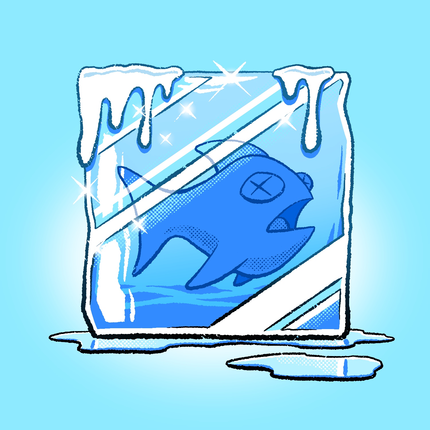 A cartoon illustration of a fish frozen in a large block of ice. The block is shiny and has sparkles running across the top and left sides. It has light reflective rays glancing diagonally from the top right to bottom left and melting chunks of frost on top. It is sitting in a small puddle of water. The fish is large and blue, with mouth open and X's for eyes. The ice block is light blue fading lighter towards the top. The background is a sky blue with a white glow behind the ice block.