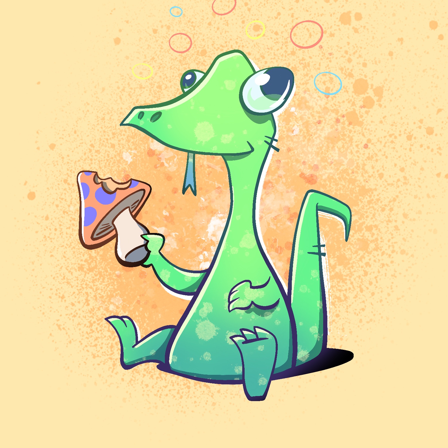 A cartoon illustration of a pear-shaped lizard sitting down, holding a mushroom with a large bite taken out of it. The lizard is a light green that fades to a blue green from top to bottom. He is sitting with his legs out and his tail is standing up behind him, with a bend near the top. The lizard has a small smile on his mouth, his blue tongue is hanging out of his mouth, and his eyes are bugging out in opposite directions. He has a vacant look on his face. The mushroom is white with an orange cap and purple spots. There are multi-colored circles hanging in the air over the lizard's head. The background is a light yellow orange color with darker orange pain splatters behind the lizard.