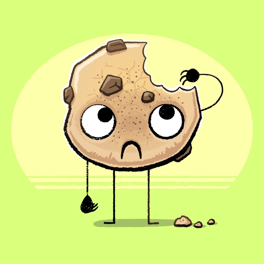 A cartoon illustration of a cookie with arms, legs, giant eyes, and a sad face because a giant bite has been taken out of the top of it. The eyes are large and round and are positioned low and wide on the cookie. They are looking up at the upper right side of the cookie, where the bite is. The cookie's legs are straight with small feet, and one arm is hanging straight down next to them. The other hand is reaching up to feel the empty space of the bite. The cookie is a tan color with brown chocolate chips and some cracking in the middle. It is standing in front of a lime green background, with a lighter green ellipse behind it, which is cut off and flat on the bottom.