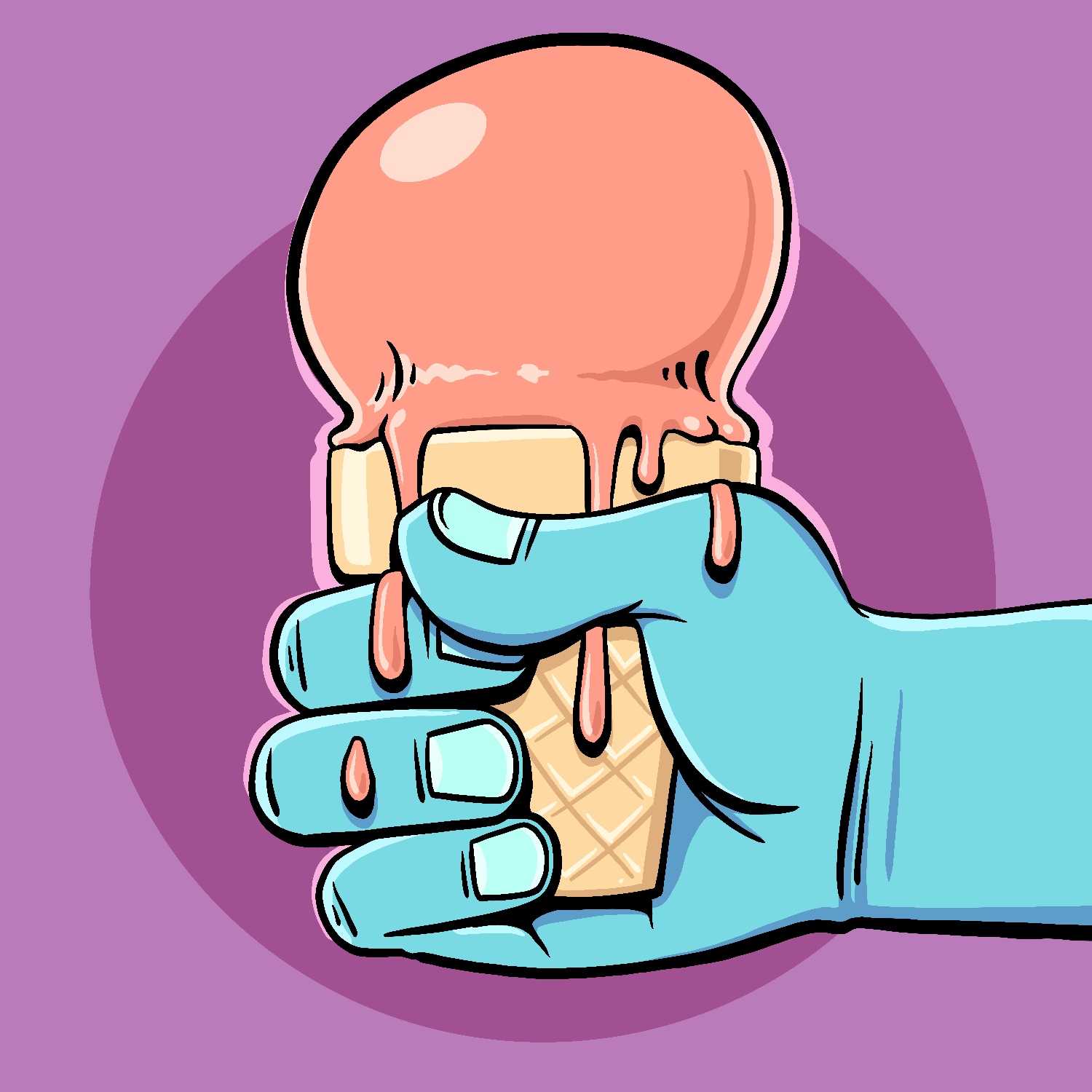 An illustration of a hand holding an ice cream cone. The hand is very large and gripping the cone firmly. The ice cream is a shiny pink and is melting onto the hand, leaving drips going down the thumb, index finger, and middle finger. The cone is a cream-colored sugar cone with a waffle print on the handle, and the hand is a light blue color. The background is a light plum color with a darker circle behind the hand and cone.