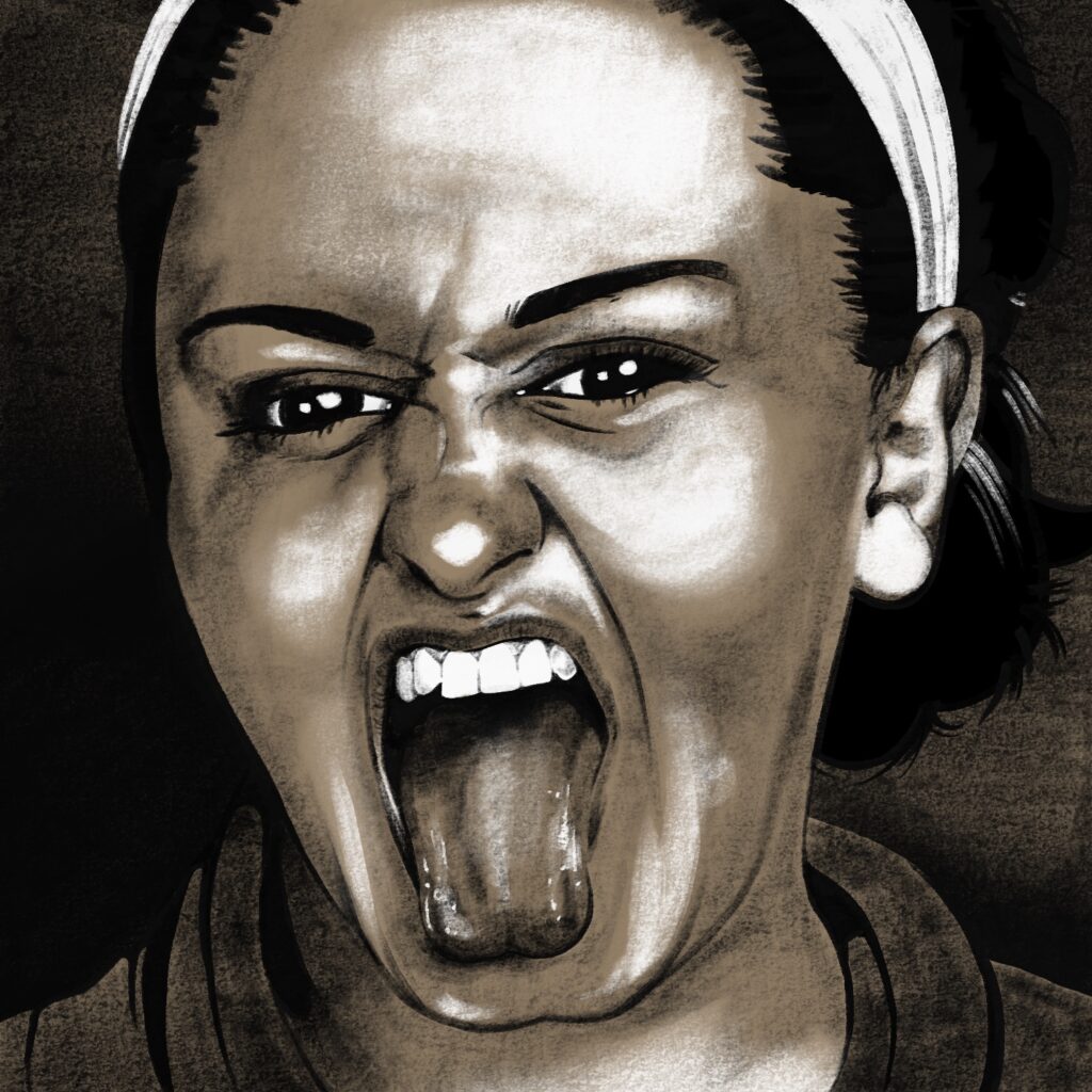 An illustration of a woman staring at the viewer and sticking her tongue out. The woman's face is scrunched, her eyes squinted, brows slightly frowning, and mouth wide open. Her tongue is sticking out, covering her bottom teeth. She has a light complexion and dark eyes and hair. Her hair is pulled back by a white headband that goes behind her ears. The drawing is done in black and white over a tan background.