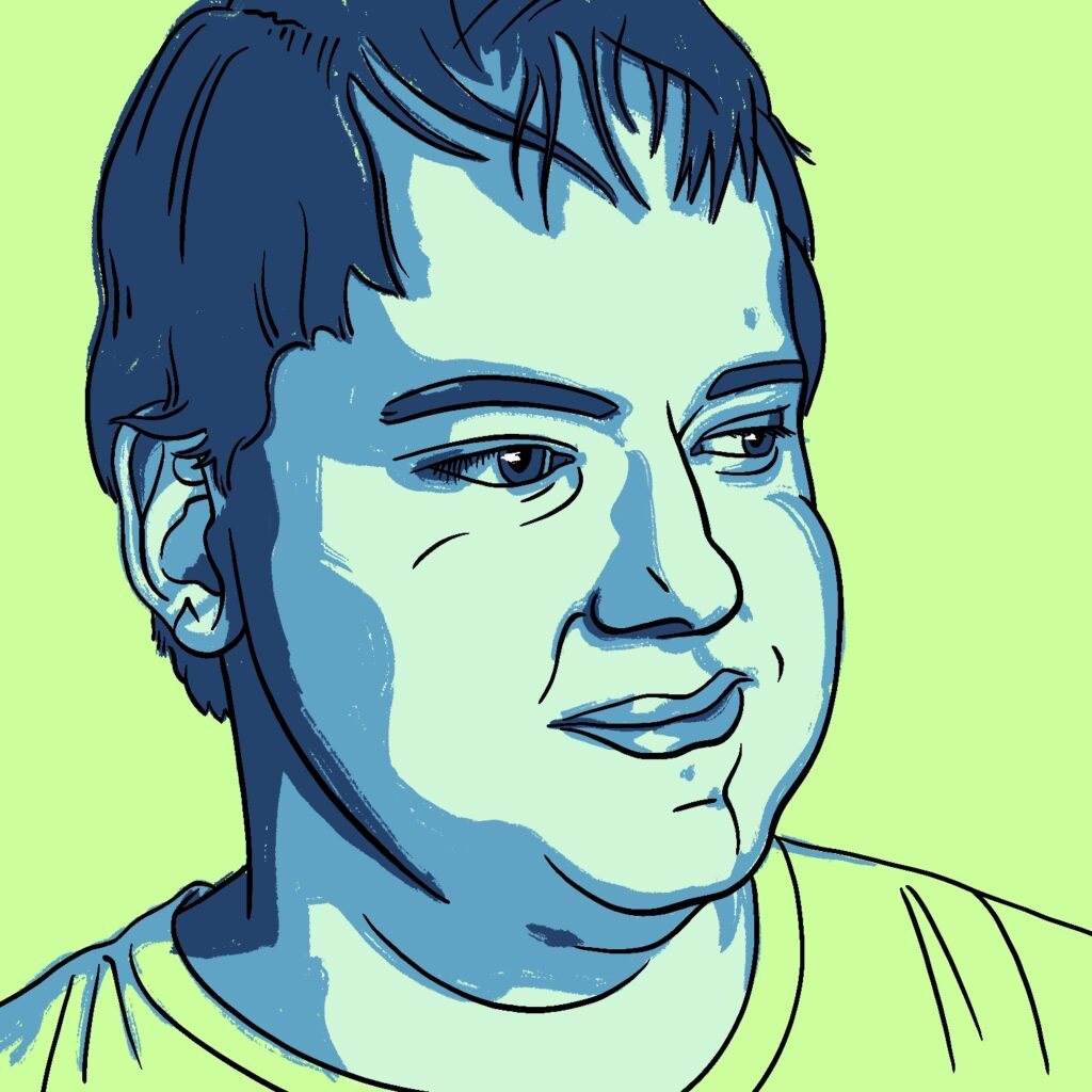 An illustration of a man looking to the right. The man is smiling slightly, with mouth closed and head turned to an oblique angle. His eyes are looking further to the side and his mouth is closed. He is drawn in unrealistic colors, but he has a pale complexion and medium eyes and hair. He is slightly overweight and is wearing a t-shirt with a large neck. The man is drawn in lines and colored in hues of blue, with a pale green background behind.