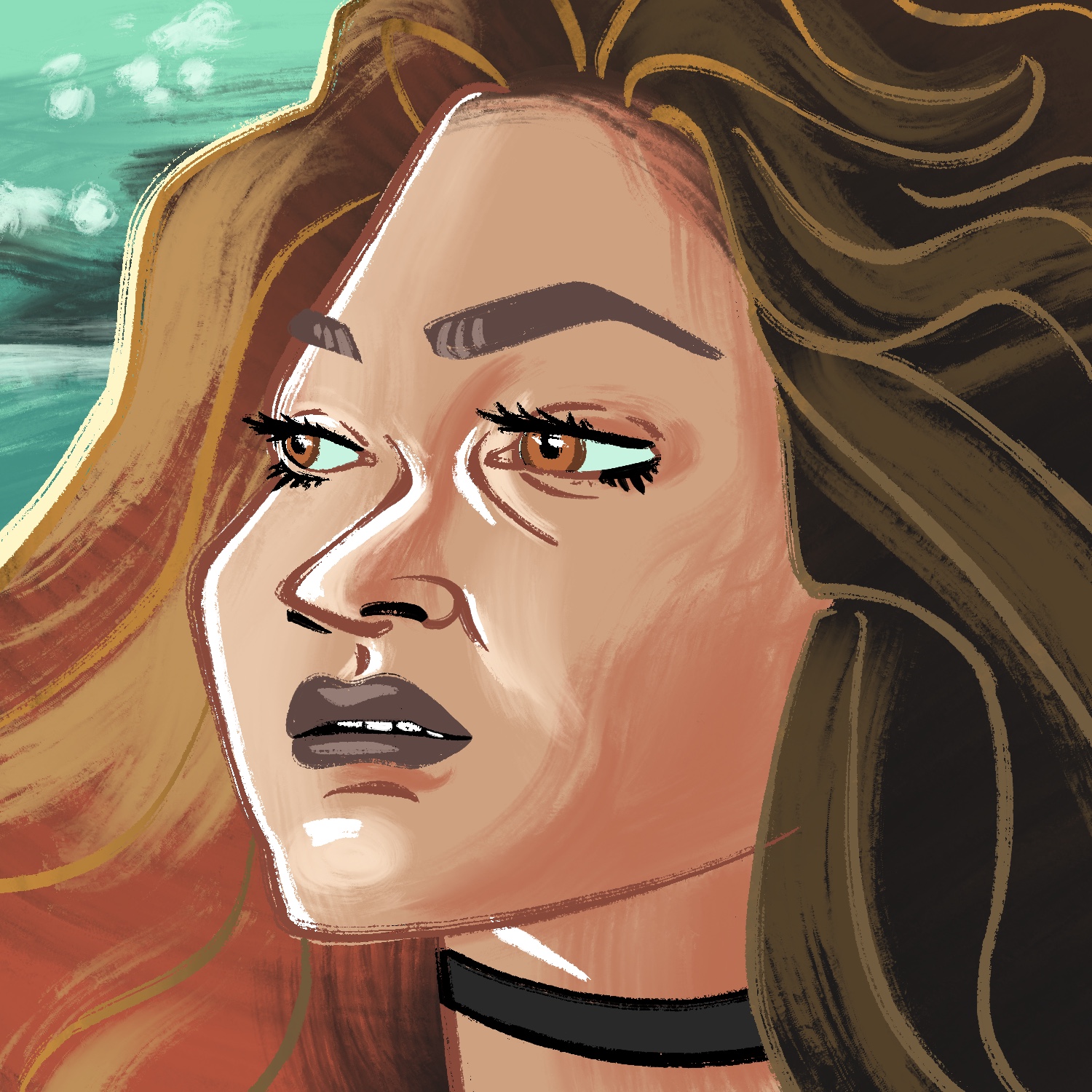 An illustration of a woman looking to the left. The woman has a vacant look on her face, with eyes partially closed and mouth very slightly open. She has a medium complexion, orange eyes, dark eyebrows, and she is wearing brown lipstick. She is wearing a black choker. Her hair is large and wavy, and fills almost all of the edges of the canvas. The upper left corner is uncovered, with a pale green blotchy background visible behind. The woman is drawn in a caricature style.