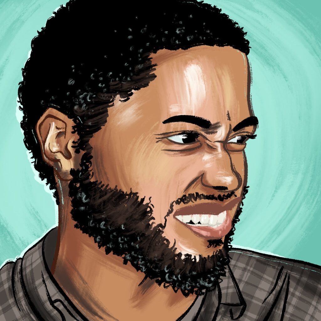 An illustration of a man looking to the right and wincing slightly. The man has a medium dark complexion, dark eyes, short hair, and beard. His eyes are squinted slightly, and his mouth is slightly open. His head is angled away from the viewer at an oblique angle, and his eyes are looking further to the right. He is wearing a gray shirt with a plaid shirt over it. The background is a teal green, and the drawing is done in a loose, painterly style.