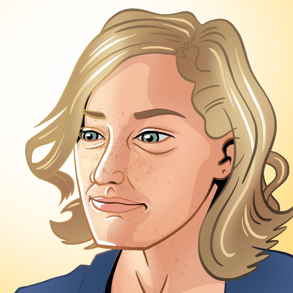 An illustration of a woman smiling very slightly and looking downward at something. Her head is angled to the left slightly, away from the viewer. She is squinting her eyes slightly, and she looks like she might be mildly amused. She has a pale complexion, faint freckles, sandy blond hair, and green eyes. She is wearing a blue jacket with an open front. The background is a gold color that fades to white behind the woman and to the left.