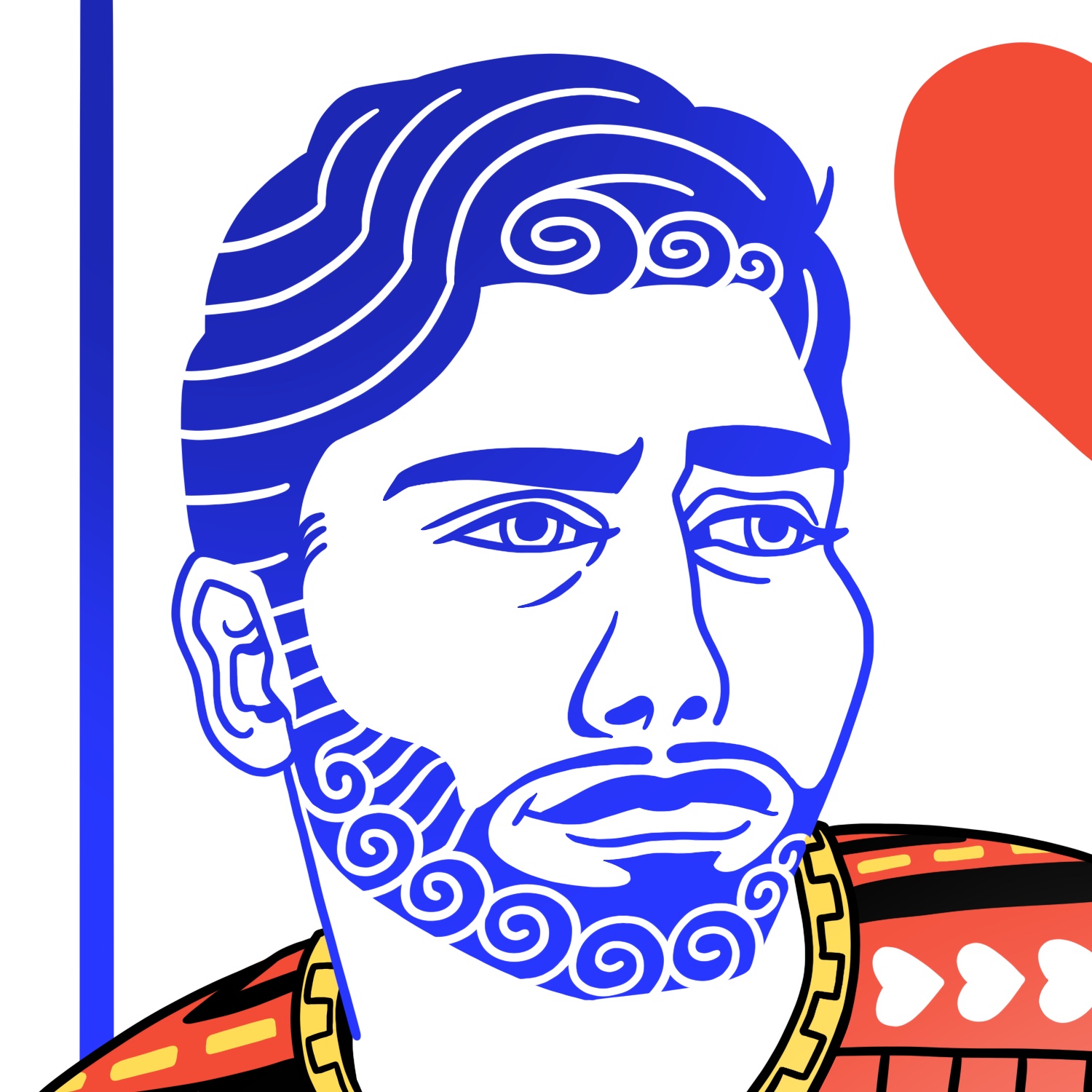 An illustration of a man looking away from the viewer. The man's shoulders are facing to the left, and his head is turned to the right. He has a slight smirk on his face, as if he is hearing something incredulous. He has thick, short hair and a mustache and beard. The man is drawn in a classic playing card style, in blue, red, yellow, and black. The man's face and hair are drawn only in blue. His shirt is drawn in red, yellow, and black, and has stripes, line patterns, and a series of hearts on one side. The background is white, with a large blue line going down the left side and behind the man's shoulder. Half of a large red heart can be seen above the man's right shoulder, going off the edge of the image.