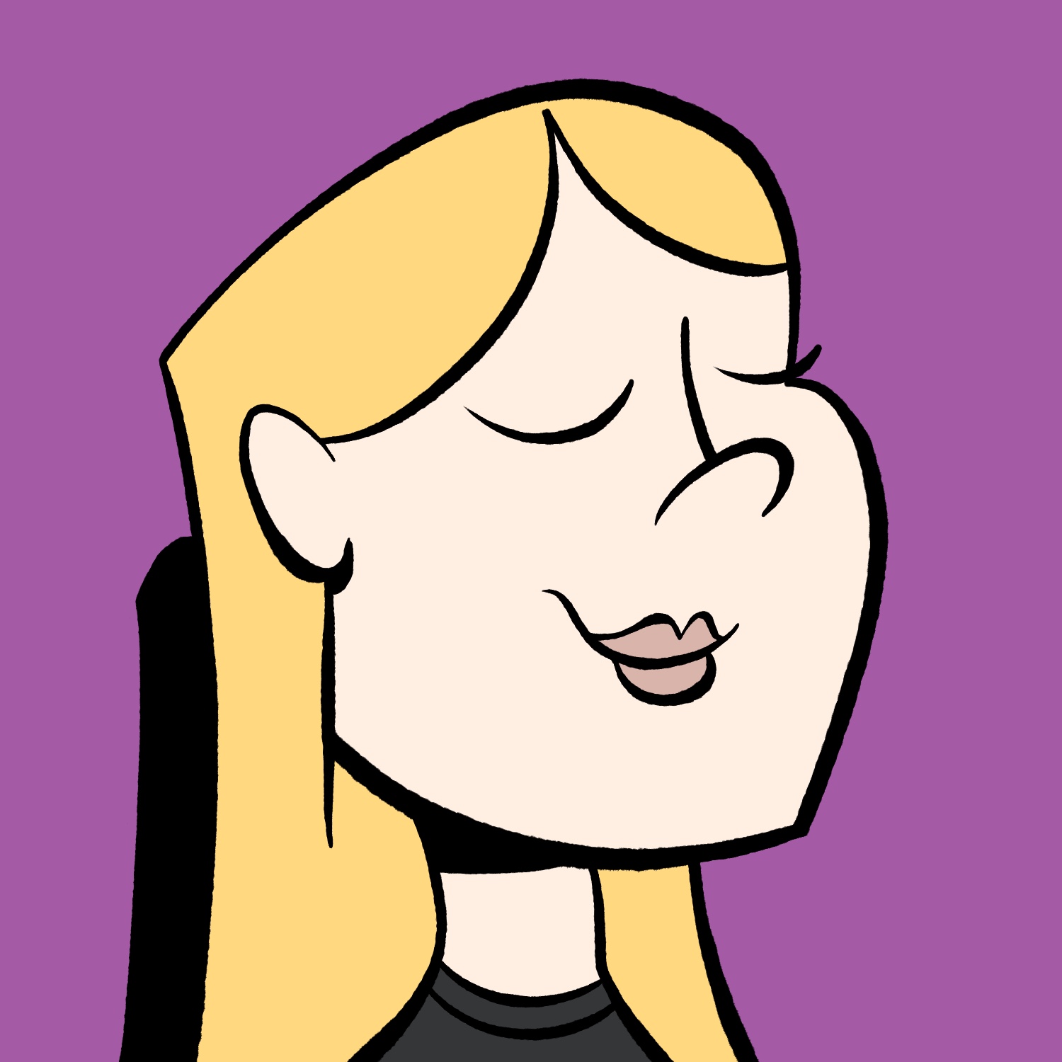 An illustration of a cartoon girl smiling to herself. The girl is facing the right and has her head tilted back slightly. Her eyes are closed in a content way, and she has a small smile. She has a pale complexion, blond hair, and is wearing a black t-shirt. The background is a plumb color.