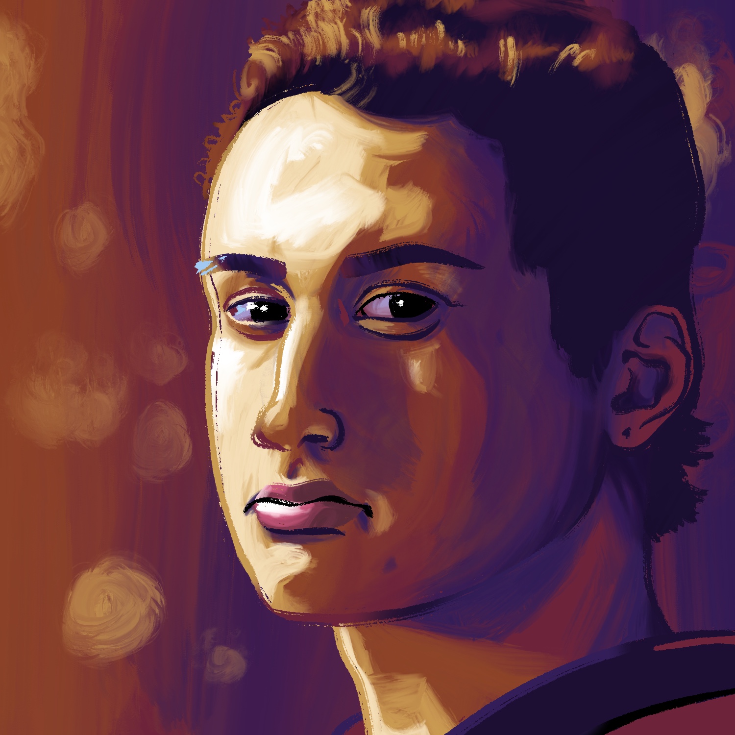 An illustration of a man looking at the viewer. His body is facing slightly away, and his eyes are turned, looking to the right, toward the viewer. The man has a light or medium complexion, dark eyes, and dark hair. He has a serious look on his face, and the light in the scene is very dramatic, lighting up the left side of his face very bright, and fading to red and purple hues in the shadows on the right. The background is a blurry maroon color with indistinct points of light scattered around. The illustration has a painterly look to it.