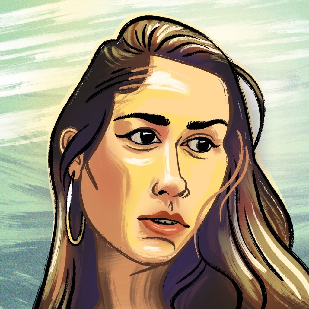 An illustration of a woman looking to the right. Her neck is slightly craned, and she is staring and frowning slightly away from the viewer. Her mouth is barely open. The woman has a light complexion, dark eyes, and brown hair. A large hoop earring is visible in her left ear. She is drawn in a slightly exaggerated way and is lit with a light that makes her skin appear yellow in places. The background is a blurry, noisy splash of light green, white, and yellow.