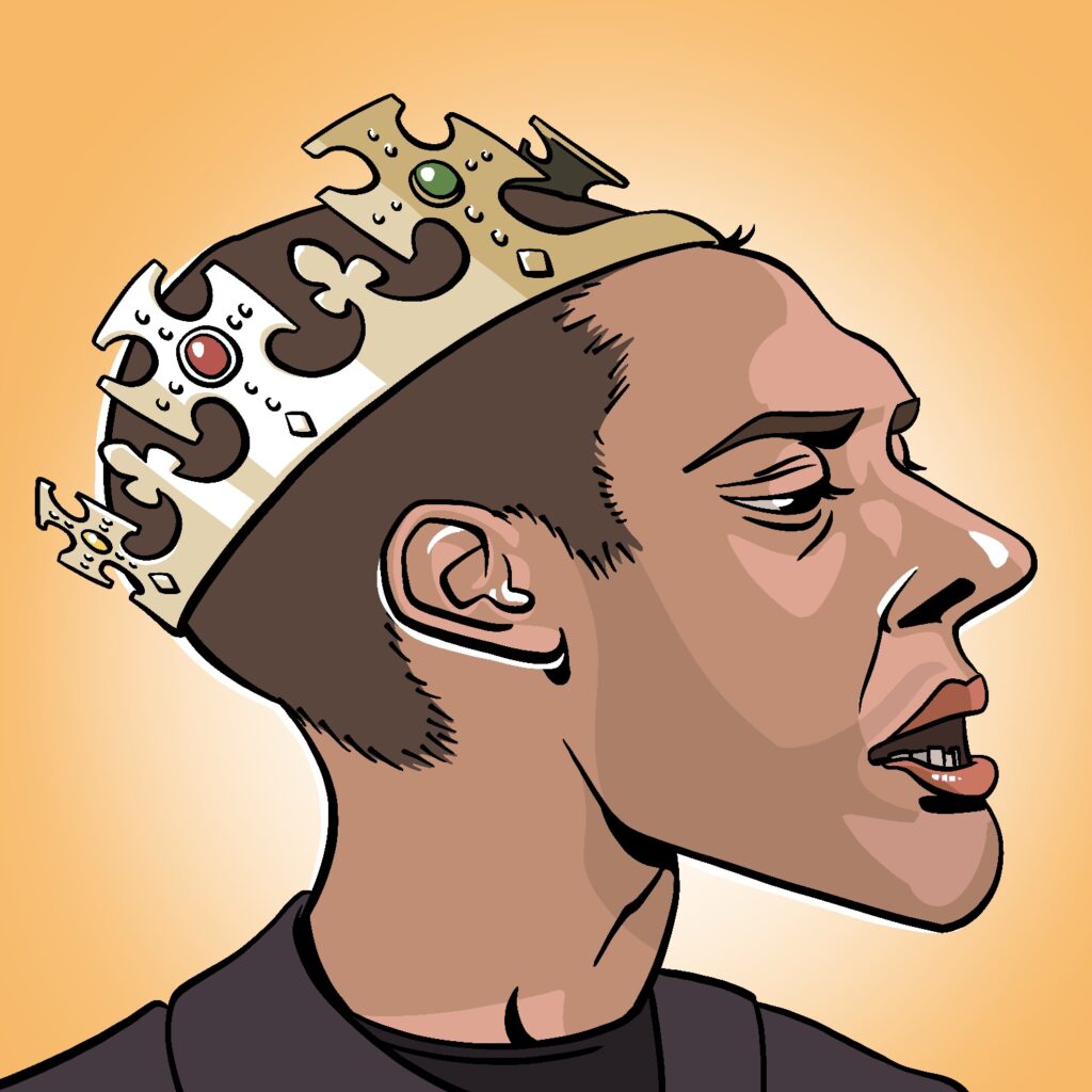 An illustration of a man wearing a crown. The man is drawn almost in profile, facing to the right. His face is stretched to exaggerate his chin and nose. He is looking downward, with eyes scowling and nearly closed, and his mouth is open with bottom teeth visible. He is wearing a light gold grown with small colorful jewels placed sparingly around the ends. The man has a medium complexion, very short brown hair, and dark eyes. He is wearing a dark shirt and coat. The background is a gold color that fades to bright white behind the man.