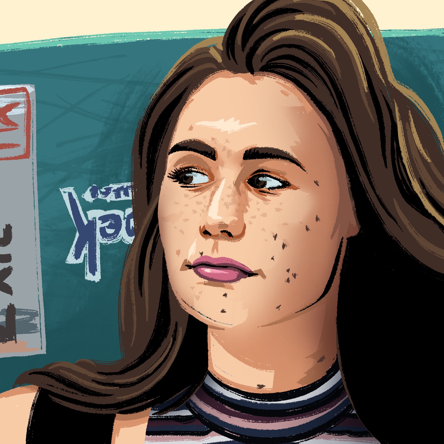 An illustration of a woman looking away from the viewer, to the left, holding a skateboard behind her head. The woman has a light complexion, freckles, and dark hair and eyes. She has pink lipstick on. Her hair has a few bright highlights from the sun. Though it is only barely visible, the woman is wearing a backpack with black straps and a striped halter top. The skateboard behind her head is dark green and has stickers on it. The stripe of sky at the top of the image is a pale yellow.