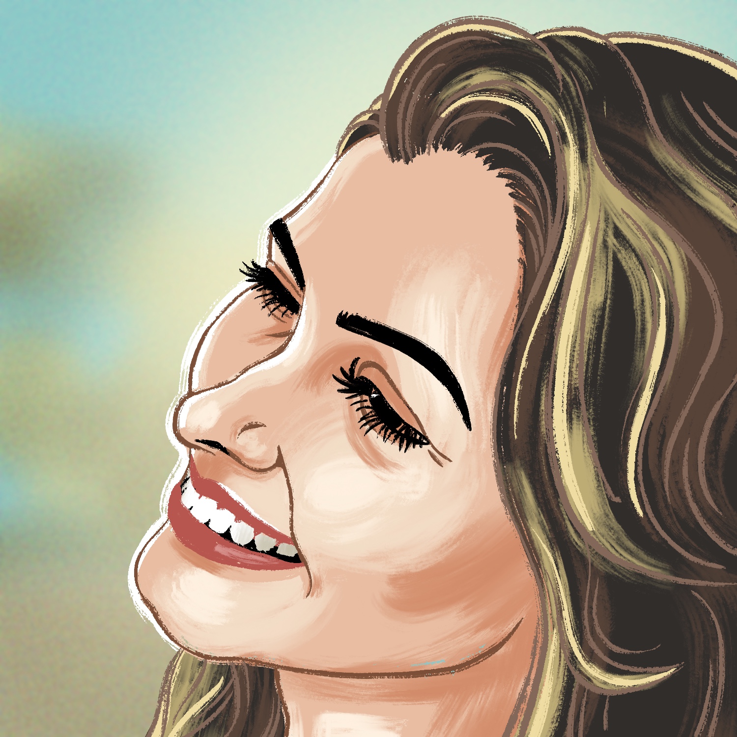 An illustration of a woman tilting her head to the side and smiling. The woman is facing away from the viewer, at an oblique angle, to the left. Her head is tilted to the side toward the viewer, making her eyes hard to see behind her eyelashes. The woman has a light complexion, dark eyes, and dark hair with highlights streaking through it. The background is a slightly noisy, blurry, desaturated green and blue.