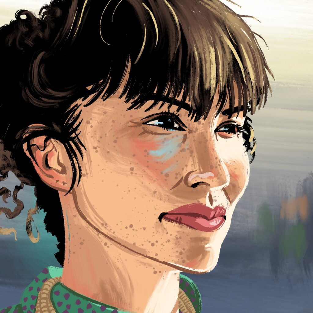 An illustration of a woman looking into the sun, to the right. The woman is squinting and smiling very slightly. She has a pale complexion with freckles, dark eyes, and dark hair. She has very large bangs over her forehead, going down to her eyebrows. Her hair is very busy and is tied up out of frame. She is wearing a necklace and green shirt with purple spots. The background is just a blurry fade from steel blue at the bottom to a bright pale yellow at the top.
