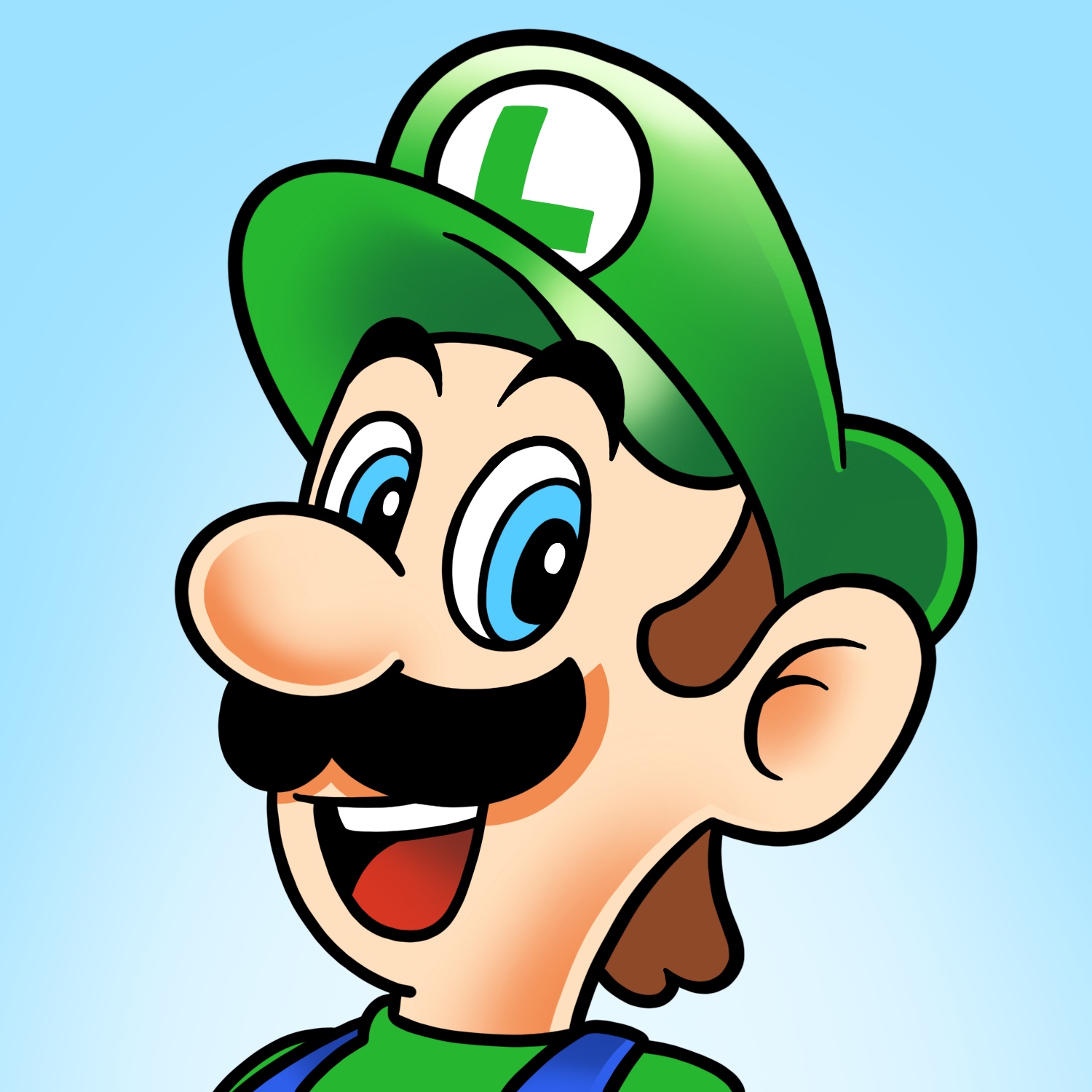 An illustration of Luigi, from the Mario Bros. games. Luigi is drawn in his usual outfit, with green hat, green shirt, and blue overalls. He is facing to the left but looking to the side at the viewer and smiling with open mouth. He has a black mustache, blue eyes, brown sideburns, and brown hair that comes out from under his hat in the back. He is drawn and colored in a saturated way, like the old Mario Bros. illustrations, with some slight shading giving him a bit of dimension. The background is pale blue with a light glow behind Luigi.