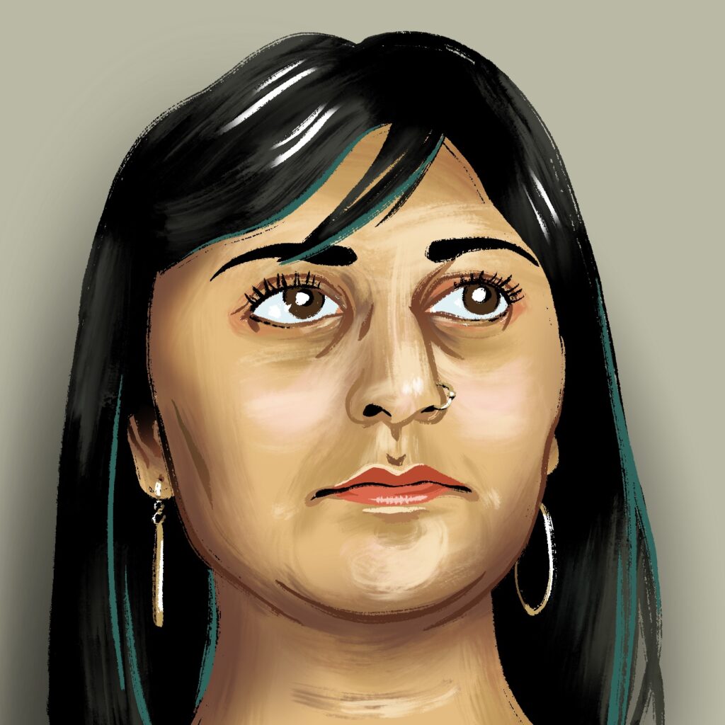 An illustration of a woman looking up. The woman has a medium complexion, dark hair and eyes, red lipstick, a nose piercing, and hoop earrings. She is facing slightly to the right, with her eyes open slightly wide and looking up. She has a blank expression on her face. She has long dark hair that falls almost straight down at the sides, with a few shorter pieces crossing her forehead. The background is a warm gray.