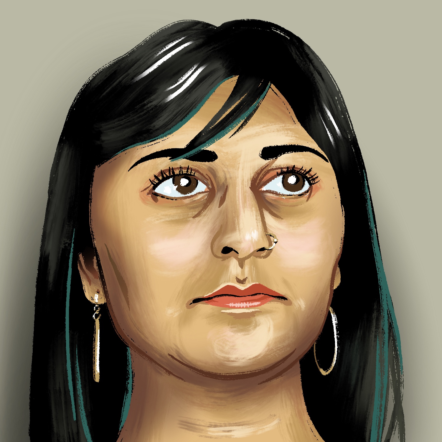 An illustration of a woman looking up. The woman has a medium complexion, dark hair and eyes, red lipstick, a nose piercing, and hoop earrings. She is facing slightly to the right, with her eyes open slightly wide and looking up. She has a blank expression on her face. She has long dark hair that falls almost straight down at the sides, with a few shorter pieces crossing her forehead. The background is a warm gray.