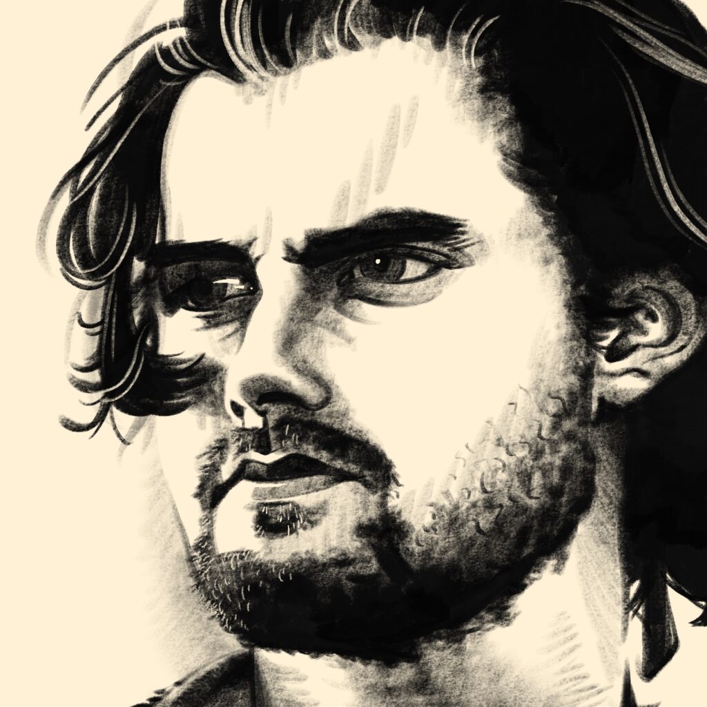 An illustration of a man looking to the left, into the distance. The man has a light complexion, dark eyes, and dark hair. He is lit strongly, with only his eyes and nose in partial shadow. He has a mustache and beard, and mid-length, wild hair. The drawing is in black and white, with black being charcoal shading and white being a warm white color. The background is empty.