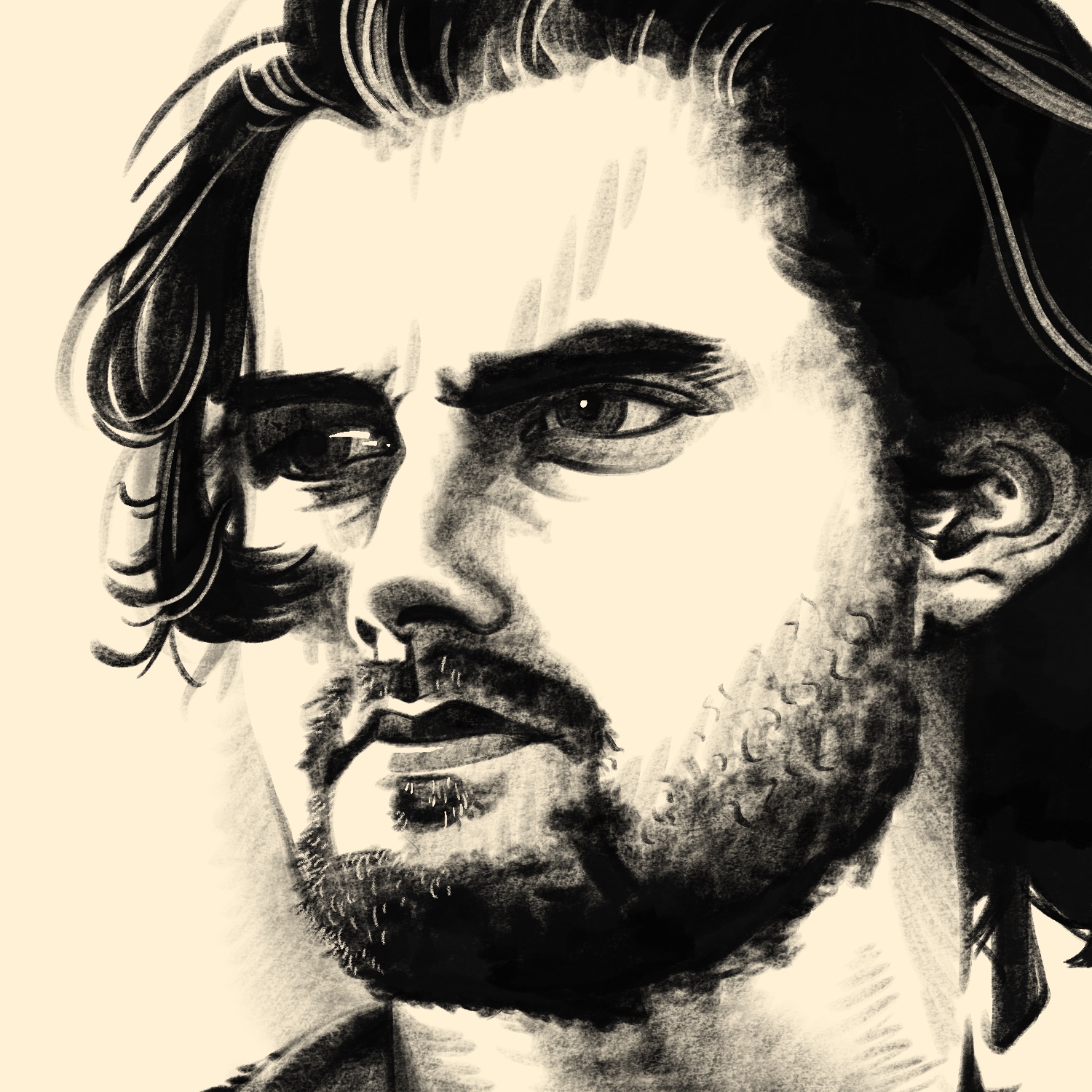 An illustration of a man looking to the left, into the distance. The man has a light complexion, dark eyes, and dark hair. He is lit strongly, with only his eyes and nose in partial shadow. He has a mustache and beard, and mid-length, wild hair. The drawing is in black and white, with black being charcoal shading and white being a warm white color. The background is empty.