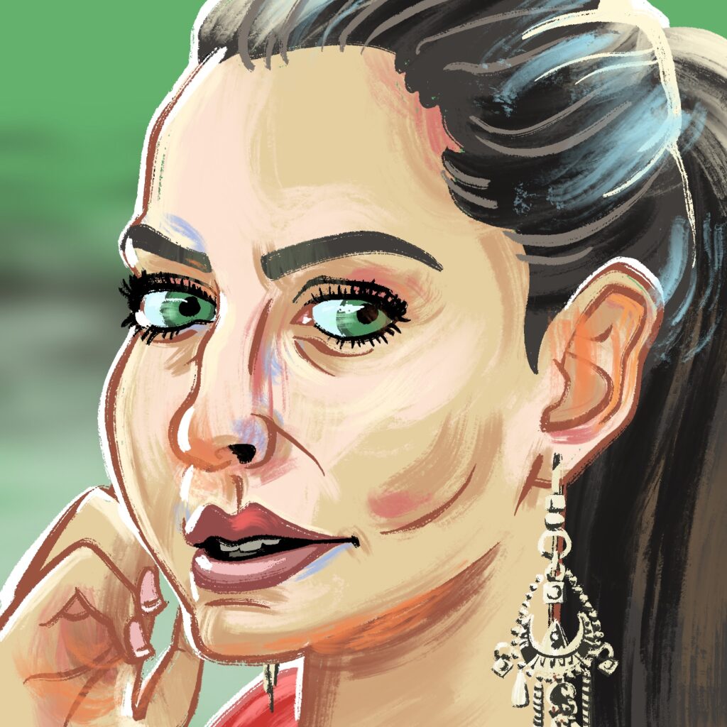 An illustration of a woman looking toward, but slightly past the viewer. She is facing to the left and her eyes are turned to the right. Her mouth is slightly open, and her hand is up to her face, with fingers curled against her cheek. She looks intrigued. The woman is drawn with unrealistic proportions and colored in a painterly style. She has an olive complexion, large green eyes, and brown hair tied back in a long ponytail. She is wearing large, intricate earrings and a red shirt. The background is a blurry pale green with a darker streak through the middle and a more saturated top.