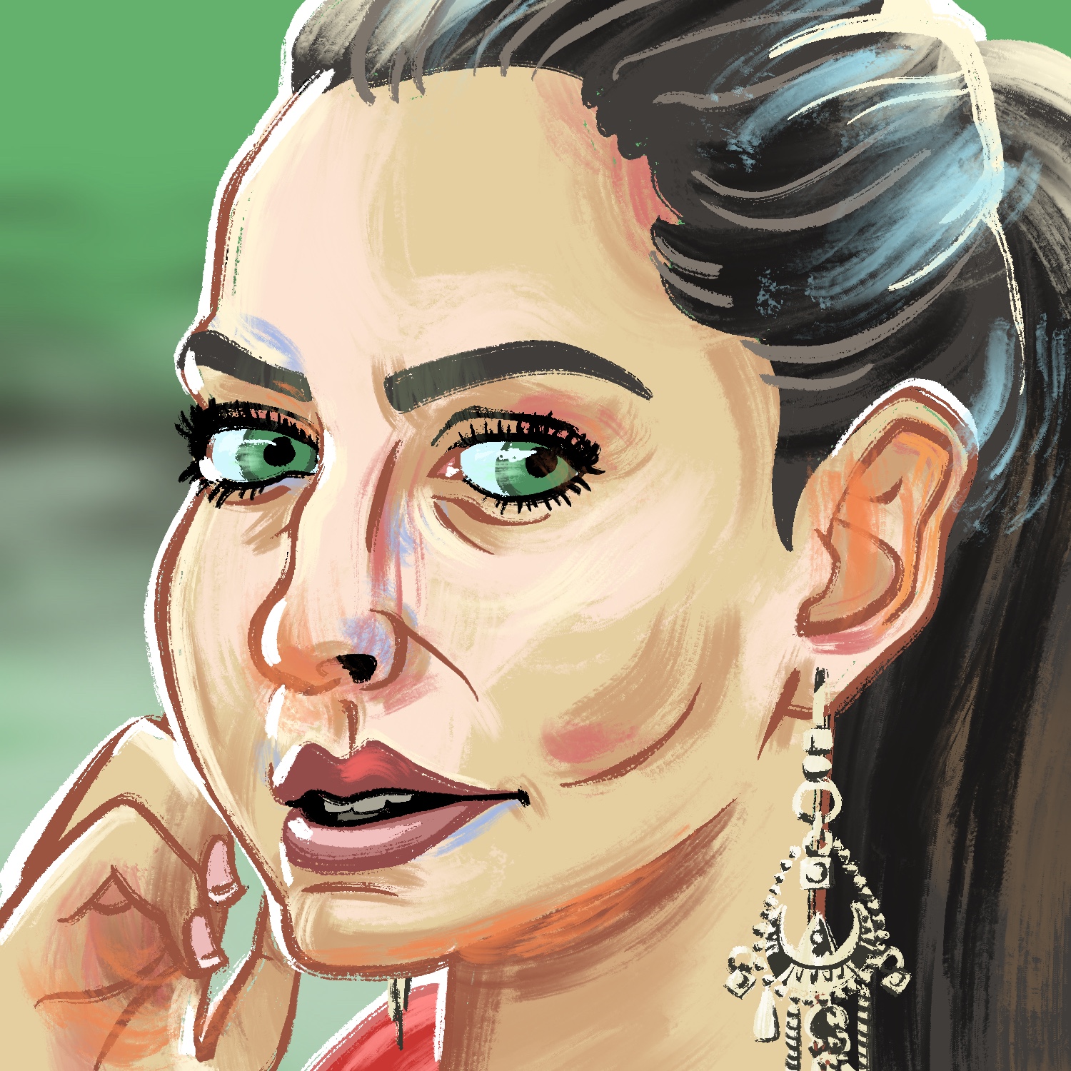 An illustration of a woman looking toward, but slightly past the viewer. She is facing to the left and her eyes are turned to the right. Her mouth is slightly open, and her hand is up to her face, with fingers curled against her cheek. She looks intrigued. The woman is drawn with unrealistic proportions and colored in a painterly style. She has an olive complexion, large green eyes, and brown hair tied back in a long ponytail. She is wearing large, intricate earrings and a red shirt. The background is a blurry pale green with a darker streak through the middle and a more saturated top.