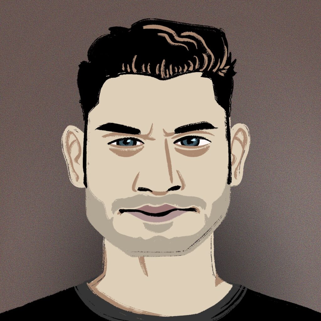 An illustration of a man looking straight at the viewer and squinting. The man is drawn in a simple, flat style, with slightly unrealistic proportions. He has a light complexion with slight grayness to the color, blue-green eyes, and dark hair. He has a very short mustache and beard stubble on his lip and jaw, and is wearing a black shirt. The background is a noisy taupe color.