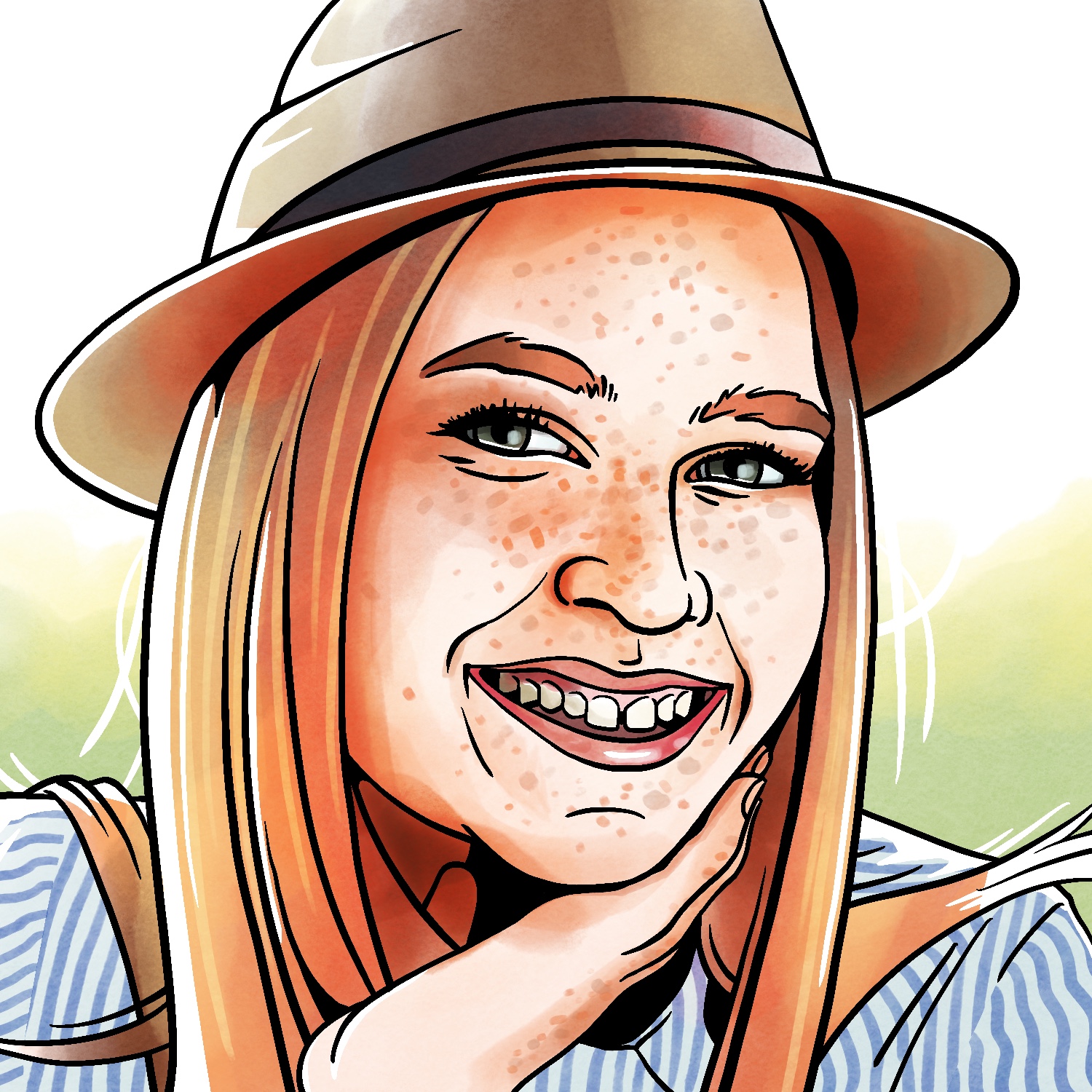 An illustration of a woman looking at the viewer and smiling. The woman has a light, freckled complexion, dark green eyes and red hair. She is wearing a brown hat and blue striped shirt and has one hand under her chin. The drawing is done in an ink and watercolor style. The background is a pale green that fades to yellow and then white towards the top.