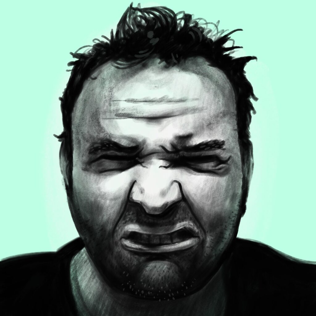 An illustration of a man scrunching his face together as if he is sad or in pain. The man is facing the viewer directly. He has a round head, and it is lit brightly in the middle, on his forehead and nose, from a light slightly above and in front of him. His nose is casting a soft shadow down onto his lips. The man's eyes are closed, and his teeth are visible through open lips. He has a stubbly mustache and beard. The man is wearing a black shirt. The man is drawn in black and white and the background is a pale teal.