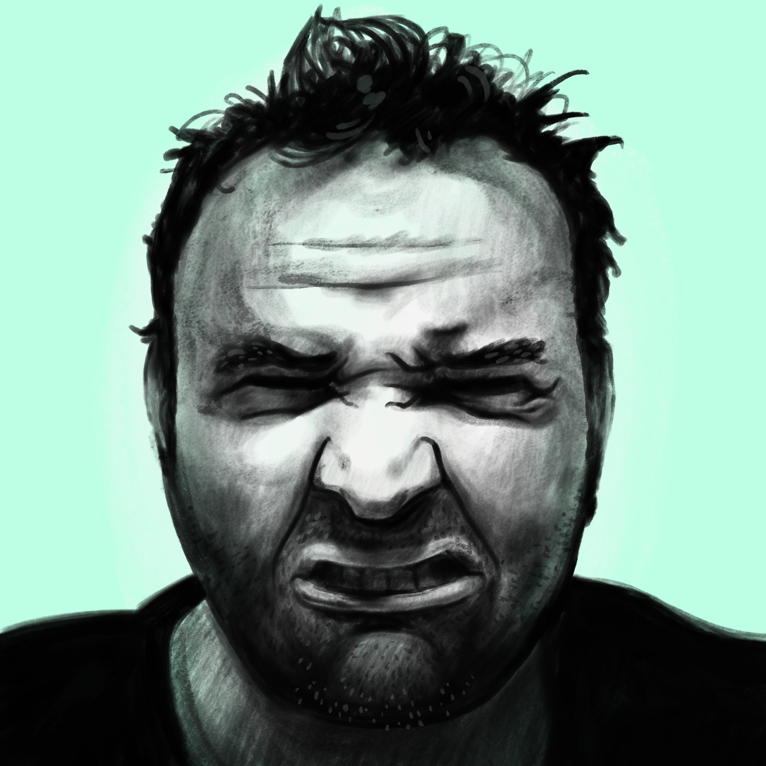 An illustration of a man scrunching his face together as if he is sad or in pain. The man is facing the viewer directly. He has a round head, and it is lit brightly in the middle, on his forehead and nose, from a light slightly above and in front of him. His nose is casting a soft shadow down onto his lips. The man's eyes are closed, and his teeth are visible through open lips. He has a stubbly mustache and beard. The man is wearing a black shirt. The man is drawn in black and white and the background is a pale teal.