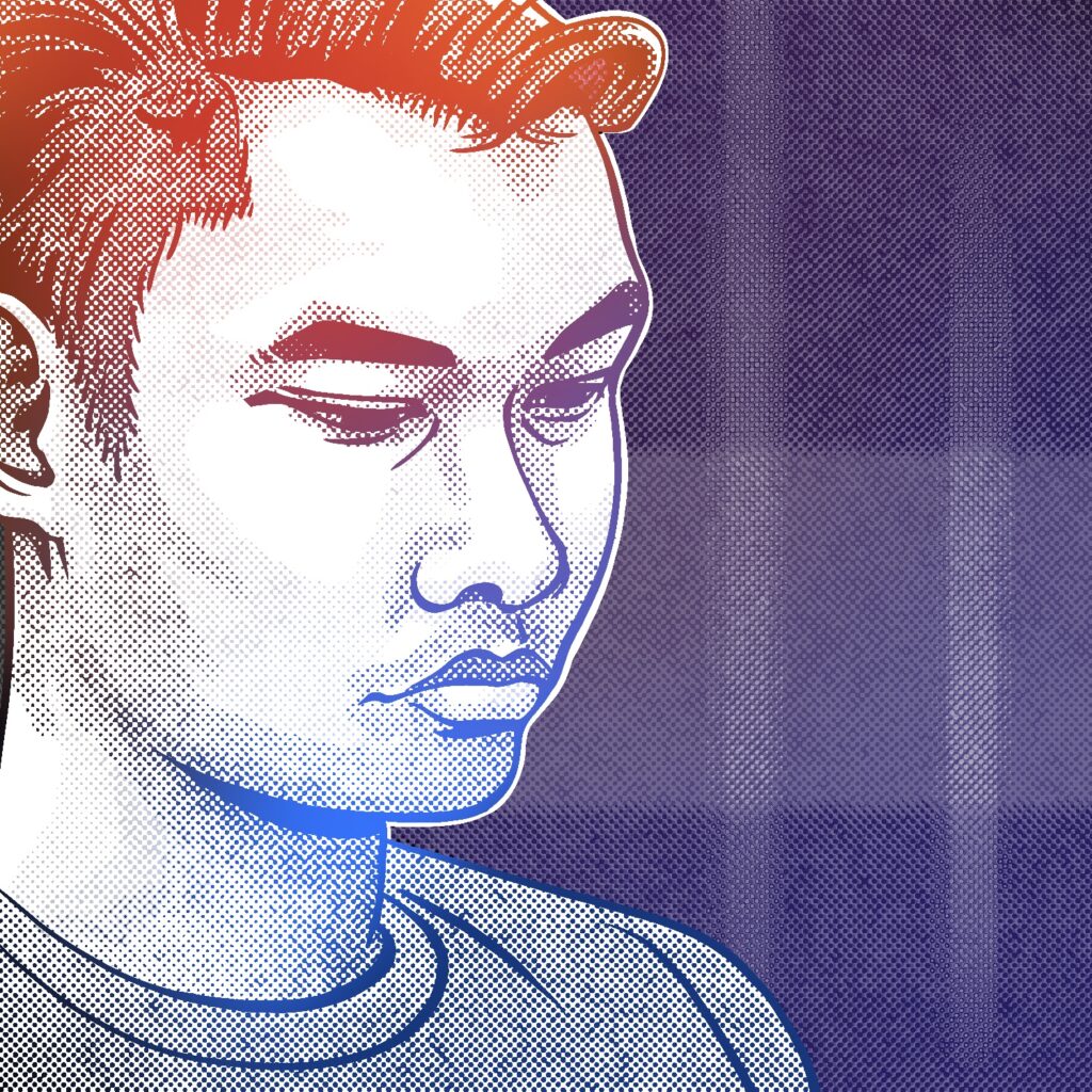 An illustration of a man looking downward. The man is looking down and to the right, with his head tilted slightly forward. He has a light complexion, thick eyebrows, and dark eyes and hair. His hair is short and combed upward at the front. He is drawn in a stylized way, with outlines around contours and a halftone pattern for shading. The halftone pattern and linework are colored orange red near the top of the image, fading to a cool, dark blue at the bottom. The background is purple with a blurry halftone stripe going horizontally across the image, and two columns of faded white on the right.