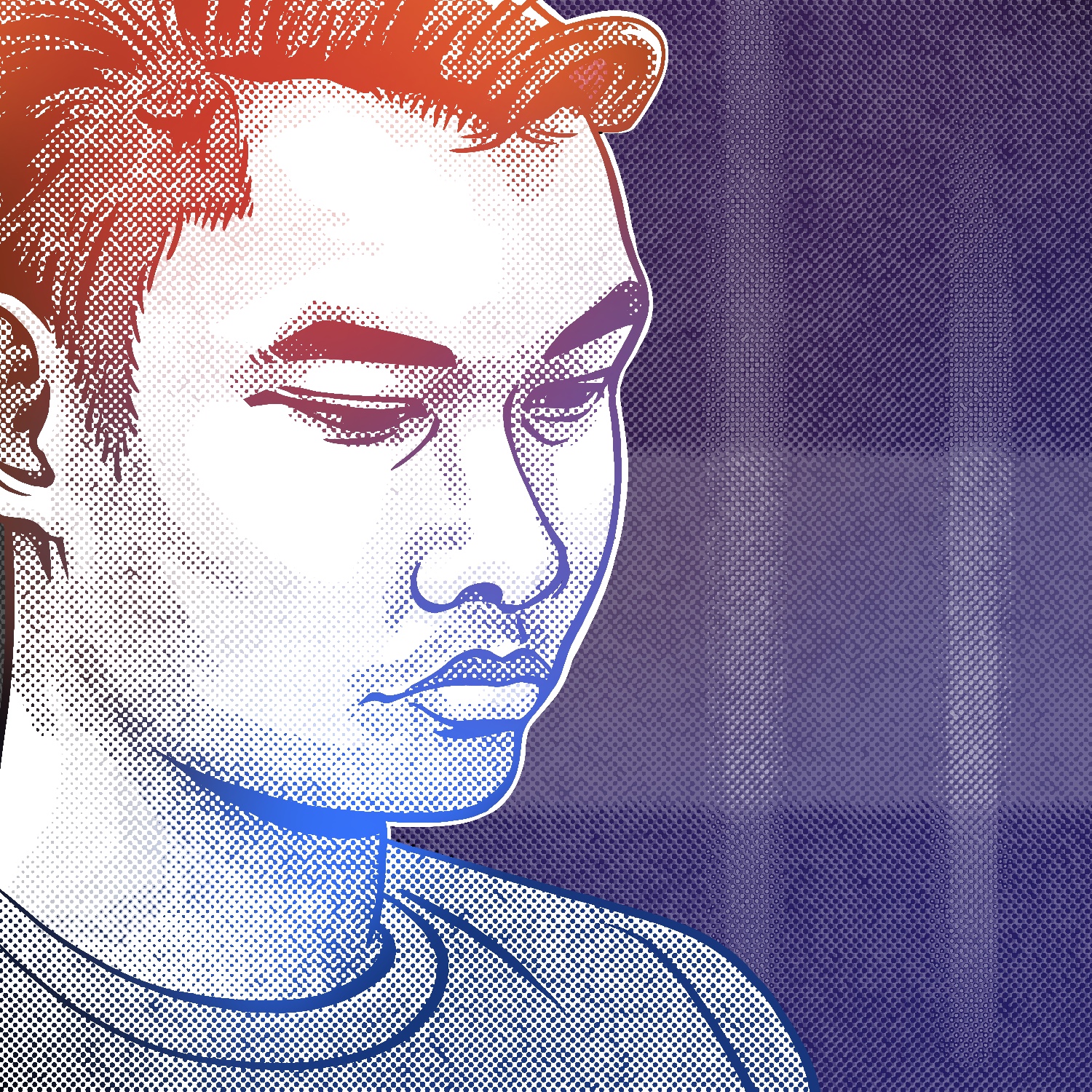 An illustration of a man looking downward. The man is looking down and to the right, with his head tilted slightly forward. He has a light complexion, thick eyebrows, and dark eyes and hair. His hair is short and combed upward at the front. He is drawn in a stylized way, with outlines around contours and a halftone pattern for shading. The halftone pattern and linework are colored orange red near the top of the image, fading to a cool, dark blue at the bottom. The background is purple with a blurry halftone stripe going horizontally across the image, and two columns of faded white on the right.
